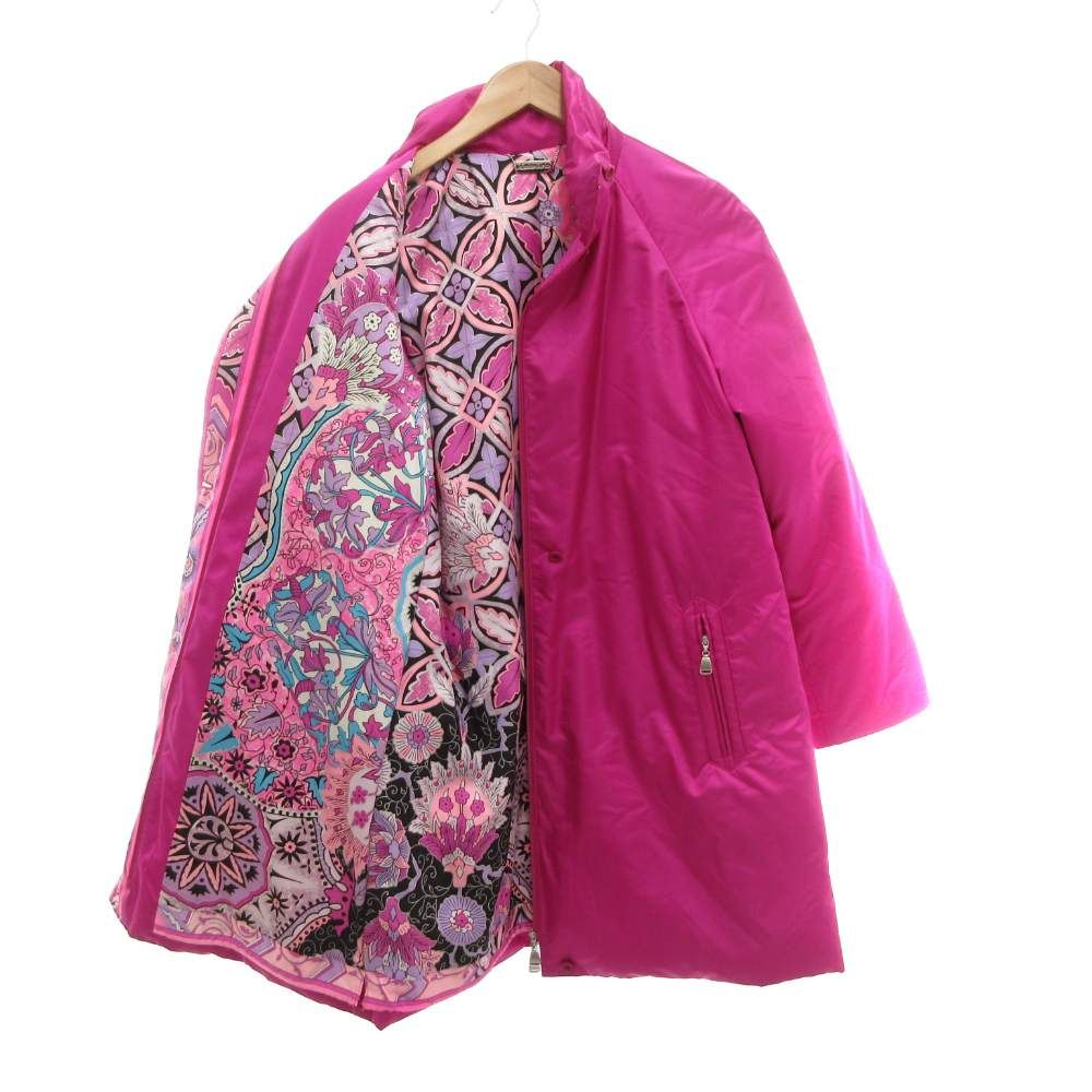 美品✨レオナール 薄手ロングブルゾン コート花柄 トリム 40 XL相当 ピンク レオナール LEONARD 美品 ダウンコート 40 ミドル ハーフ丈 ジップ