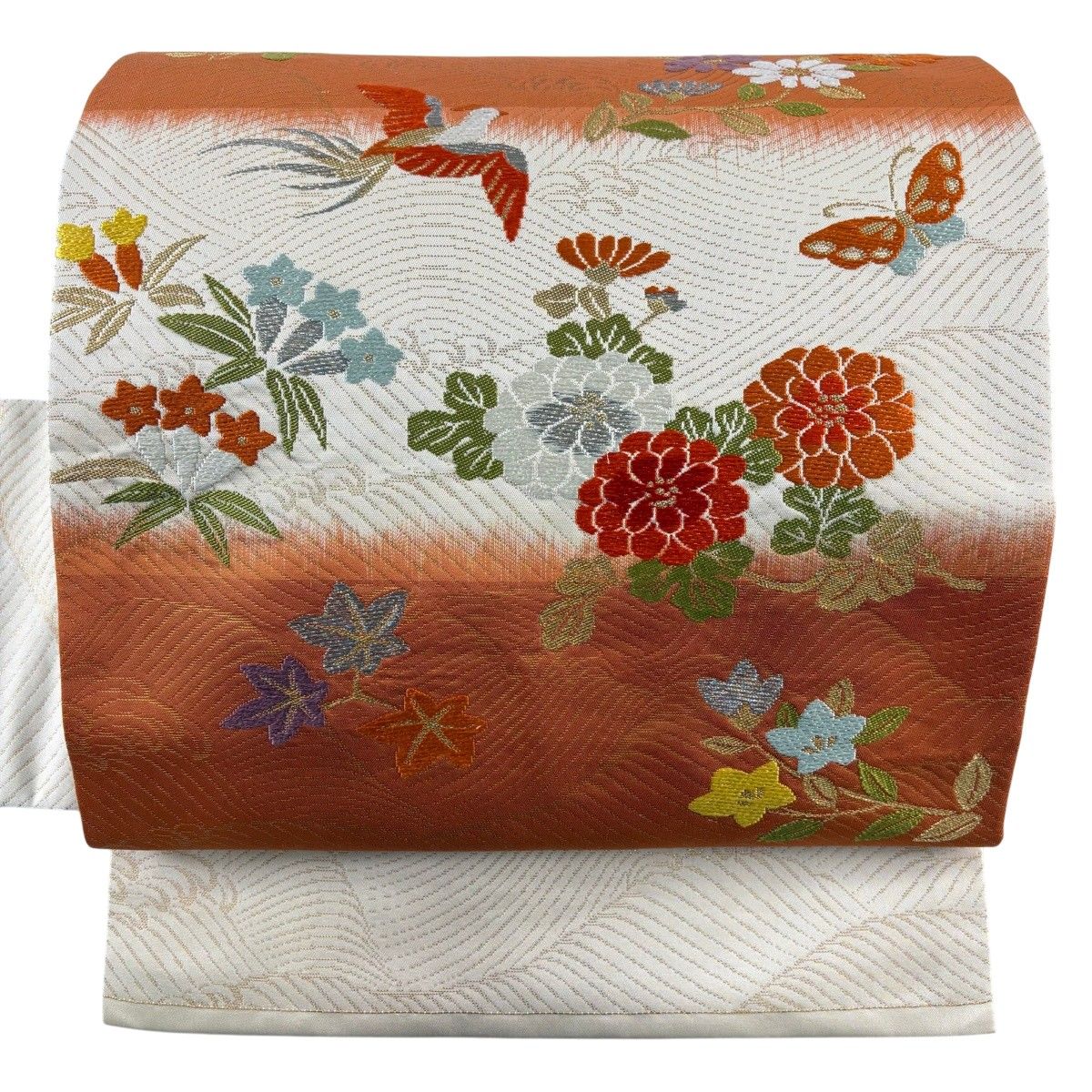 美品】 名古屋帯 優品 花鳥 波 金銀糸 箔 オレンジ 正絹 【中古