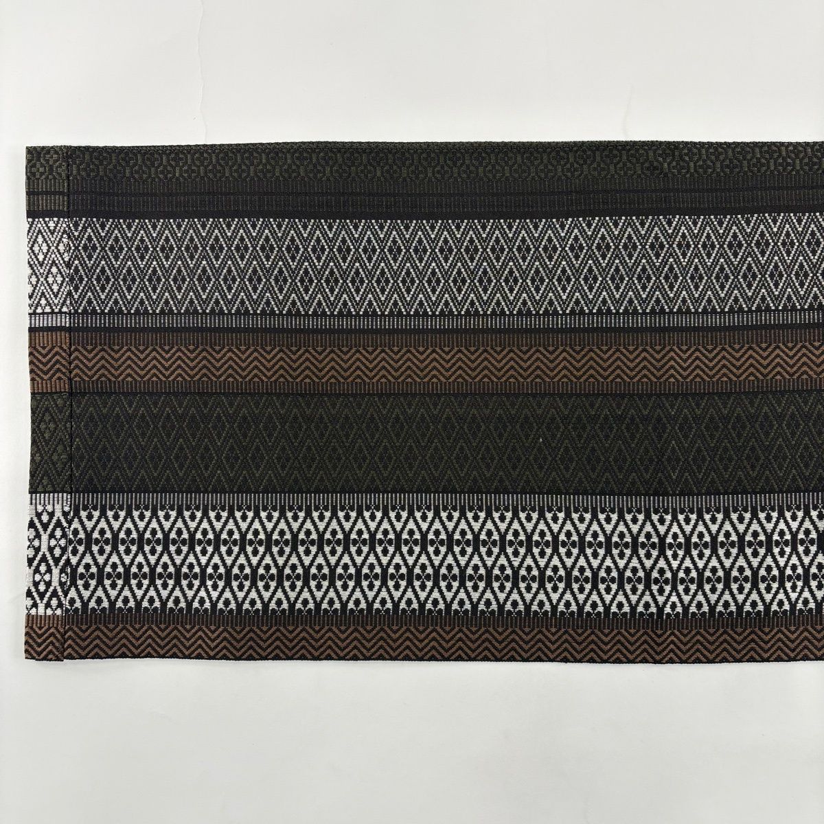 名古屋帯 黒に近い濃紺と茶とベージュ 幾何学模様正絹 名古屋帯 黒に近い濃紺と茶とベージュ 幾何学模様正絹