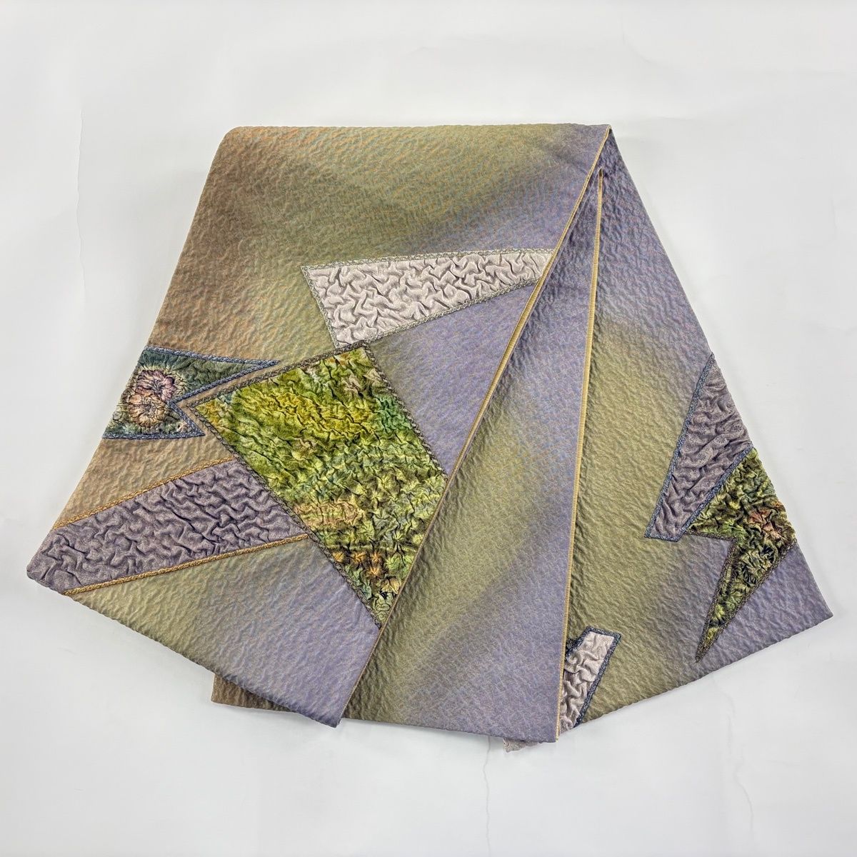 美品】 袋帯 名品 幾何学模様 辻が花柄 金銀糸 灰緑 お太鼓柄 正絹