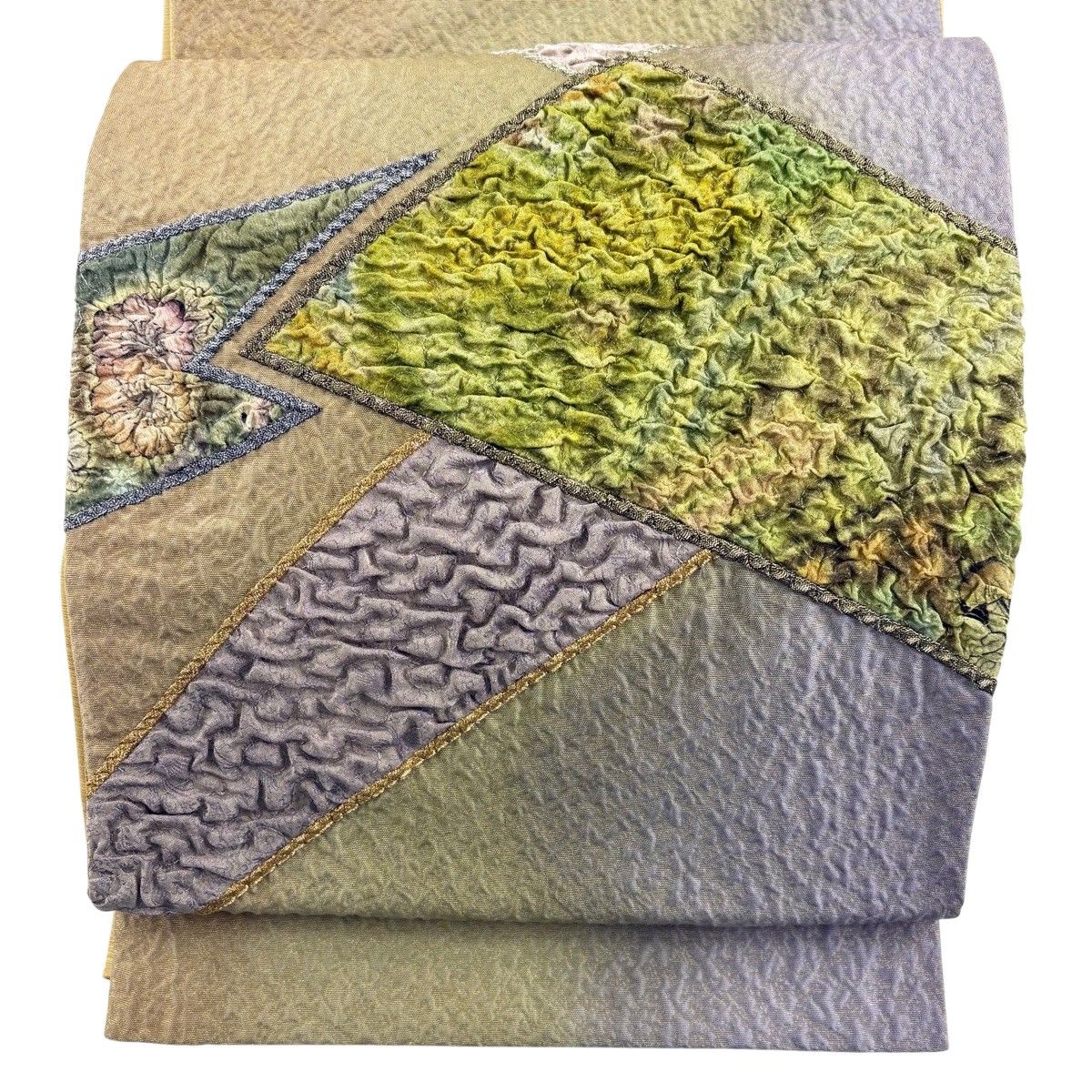 美品】 袋帯 名品 幾何学模様 辻が花柄 金銀糸 灰緑 お太鼓柄 正絹