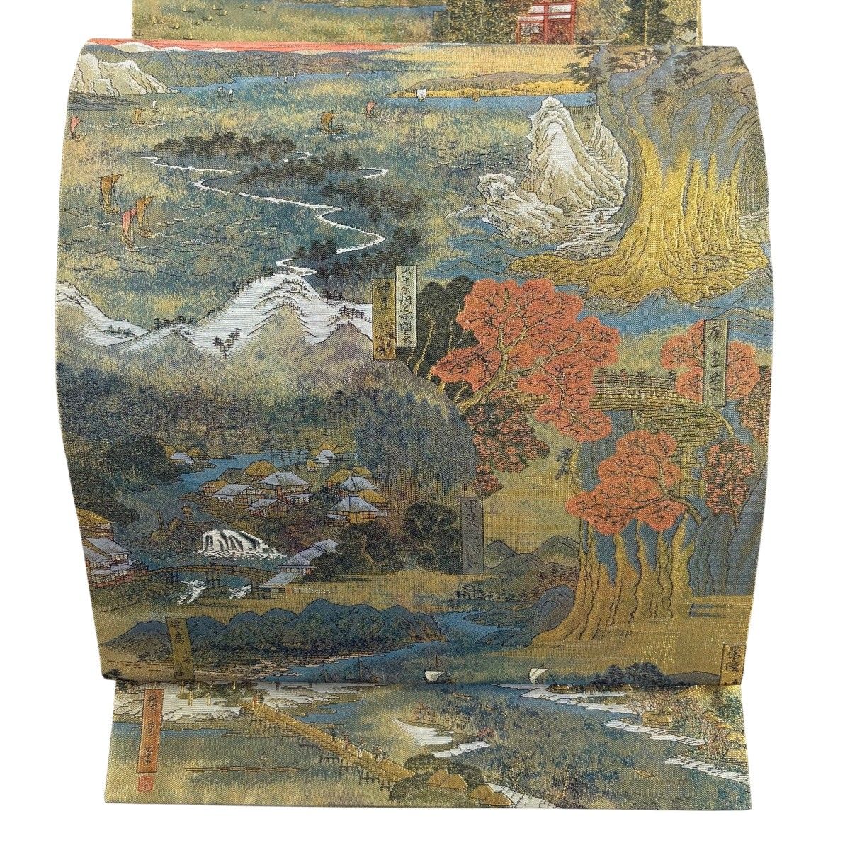 美品 袋帯 名品 広重 六十餘州名勝全景図 風景 24金プラチナ
