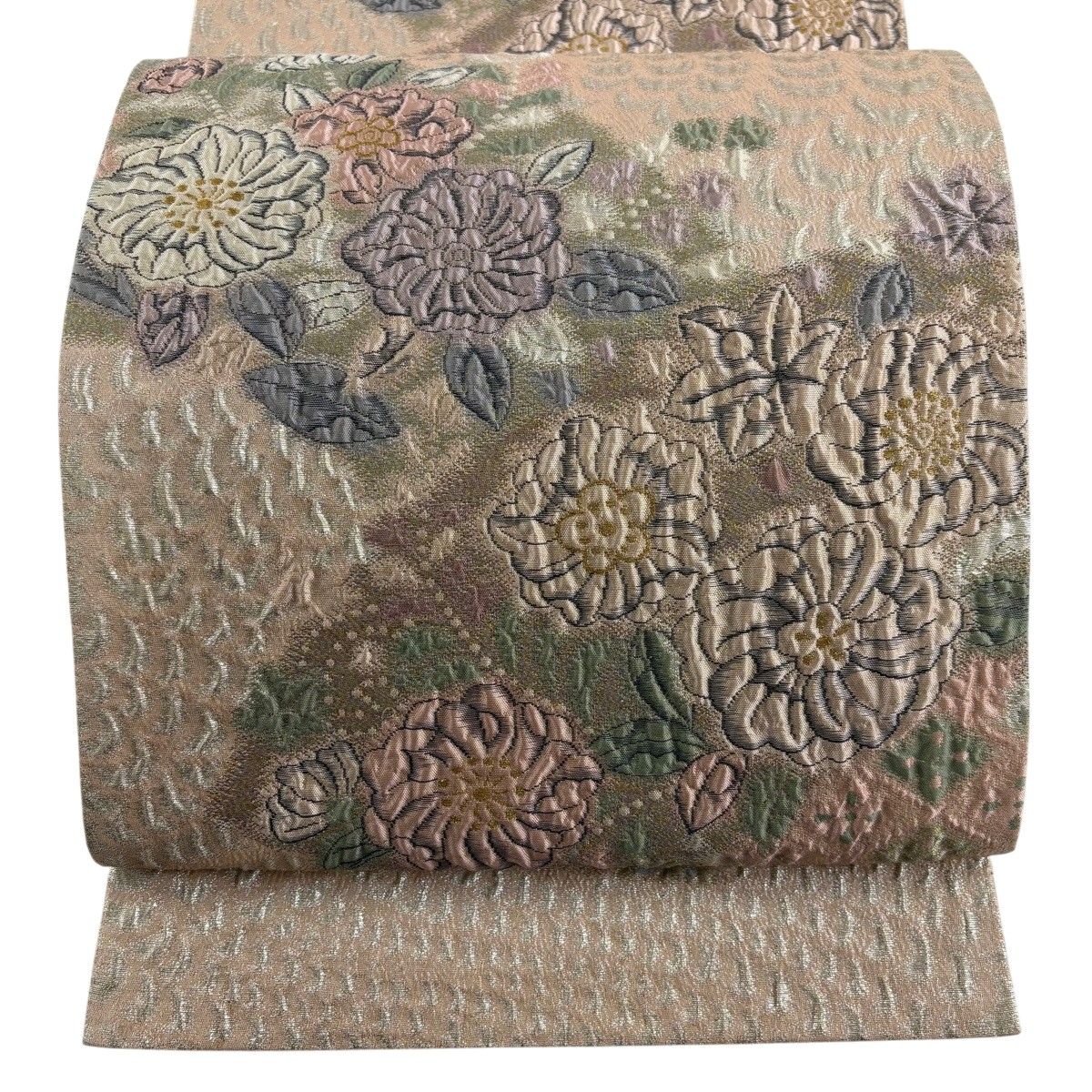 美品】 袋帯 秀品 辻が花柄 金糸 箔 ピンクベージュ 六通 正絹 【中古