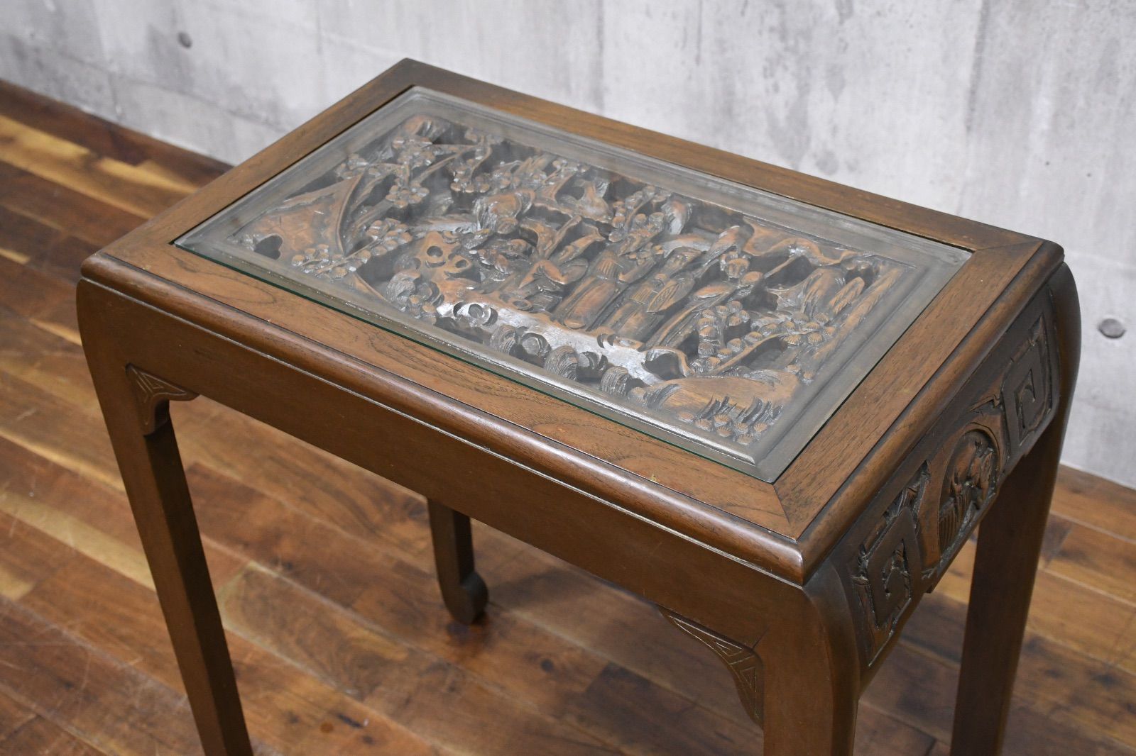 FKK13 唐木無垢材 中国 木彫刻 サイドテーブル 飾り台 ガラストップ