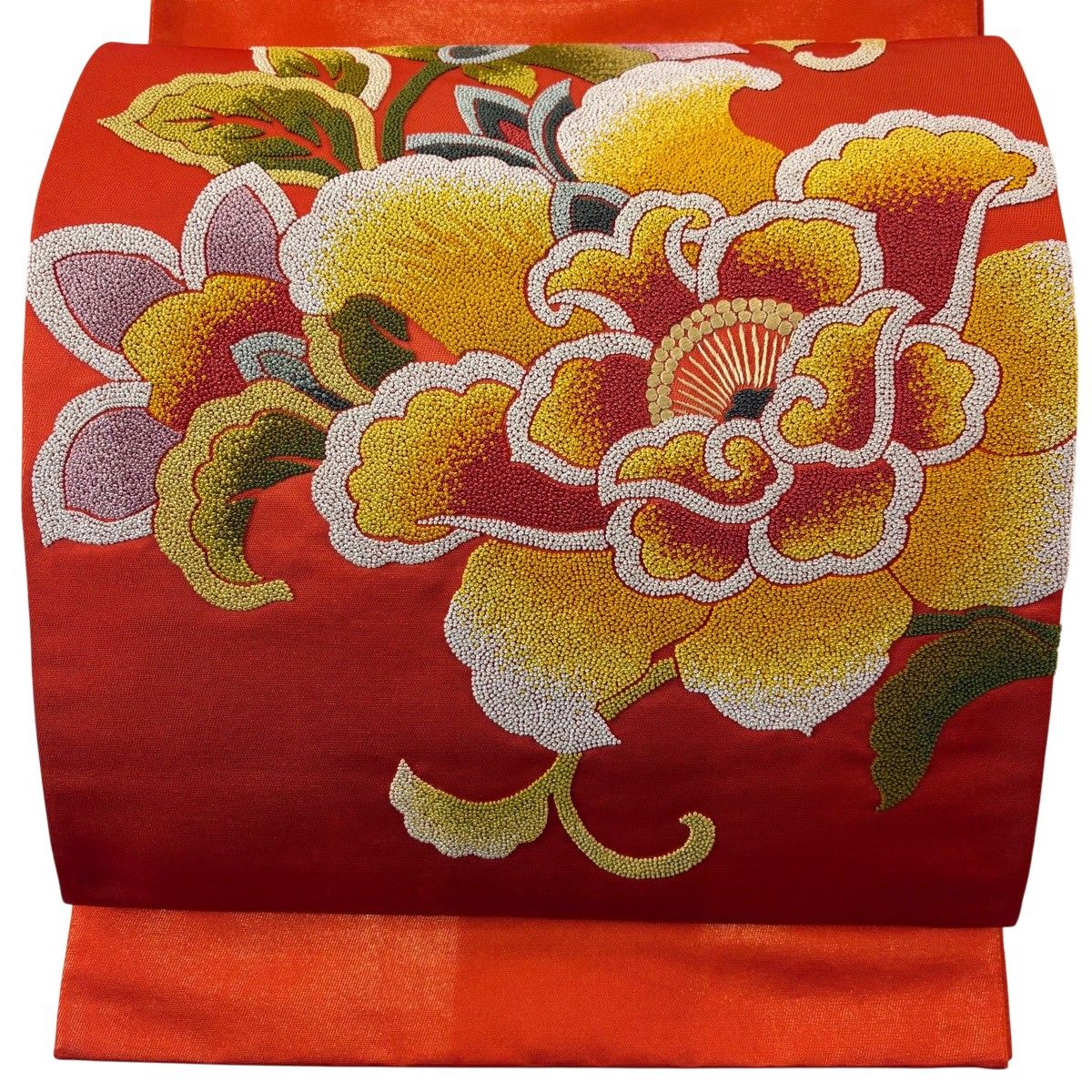 袋帯 秀品 花唐草 相良刺繍 金通し オレンジ お太鼓柄 正絹 【中古