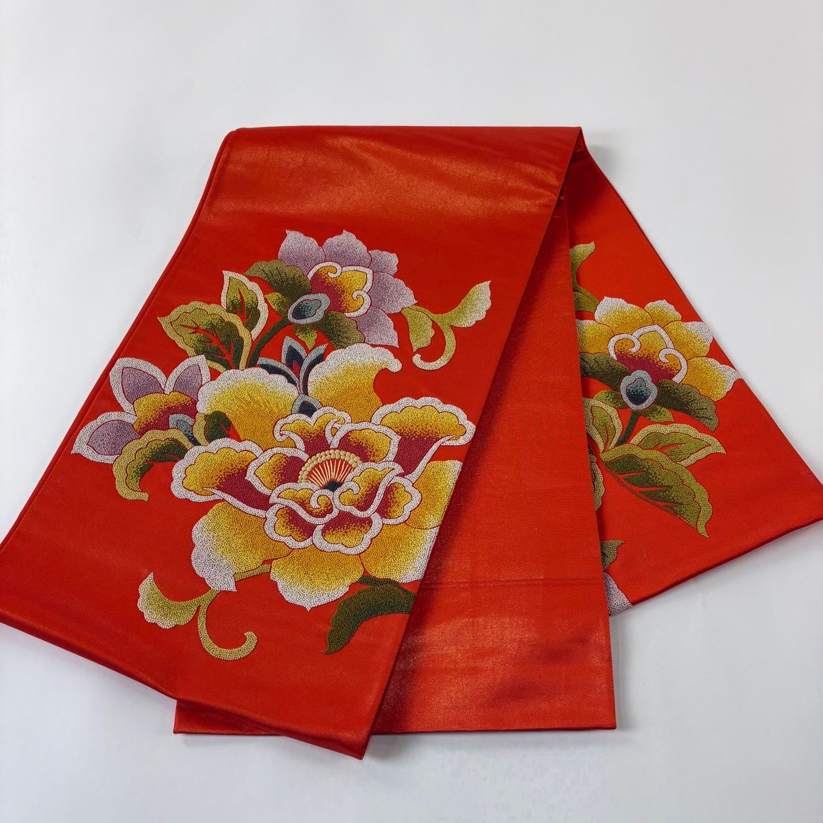 袋帯 秀品 花唐草 相良刺繍 金通し オレンジ お太鼓柄 正絹 【中古