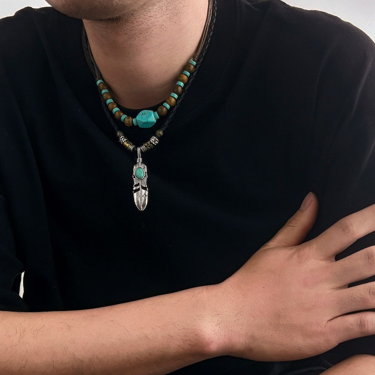 新品 ターコイズ フェザー ネックレス ナバホ風 インディアン アメカジ