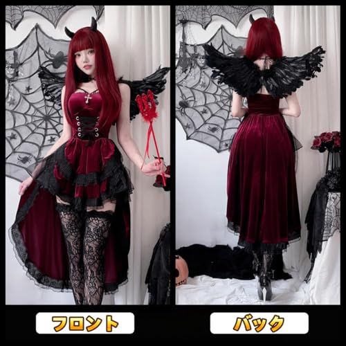 [JUNDOMECY] 魔女 デビル コスプレ 小悪魔 セクシー 6点セット 羽 パニエ 黒 赤 悪魔 吸血鬼 ハロウィン 衣装 大人 レディース 可愛い 大きいサイズ 角 ワンピース エルフの耳 ニーソックス付き イベント 仮装パーティー☆ e6203d15