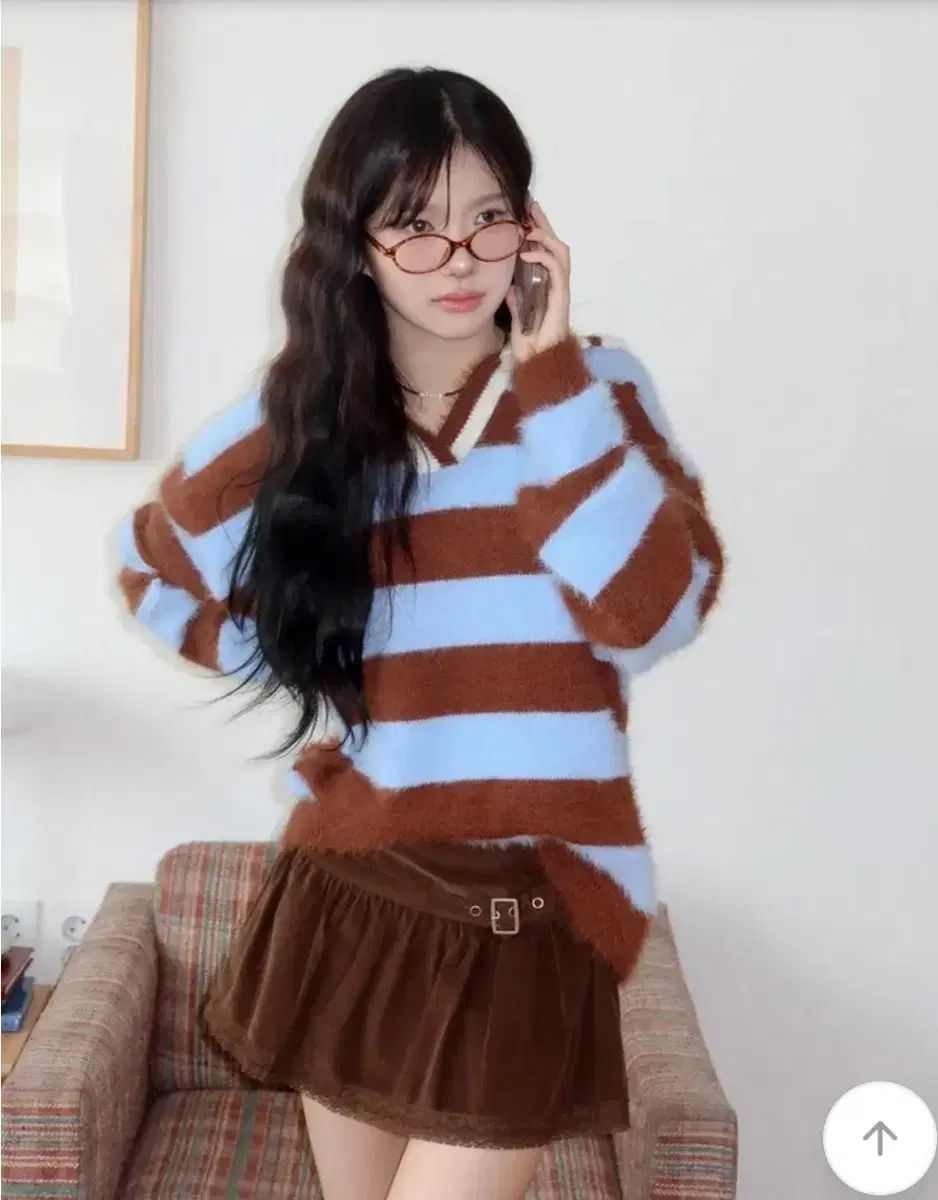 ストライプ ミントチョコ ファー付きKARA ニット - メルカリ