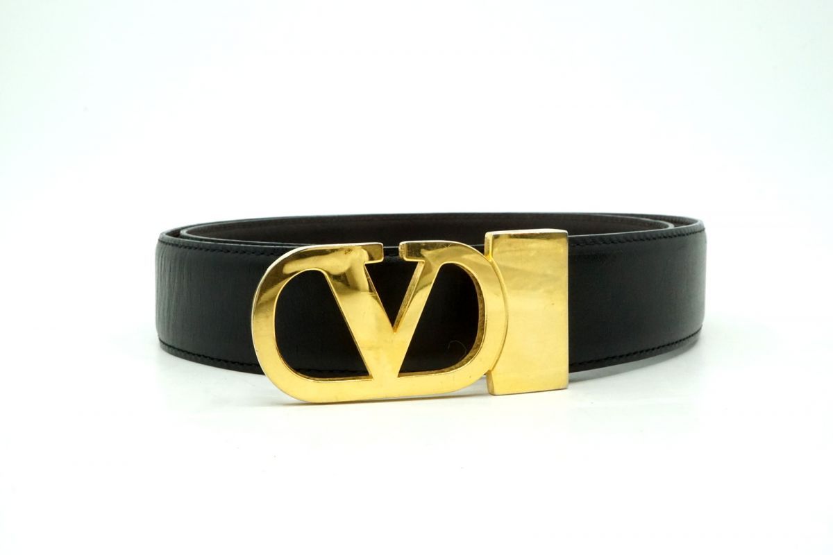ヴァレンティノ ガラヴァーニ ヴィンテージ リバーシブル ベルト Vロゴバックル Unisex メンズ レザー 黒 ブラック VALENTINO 5023k
