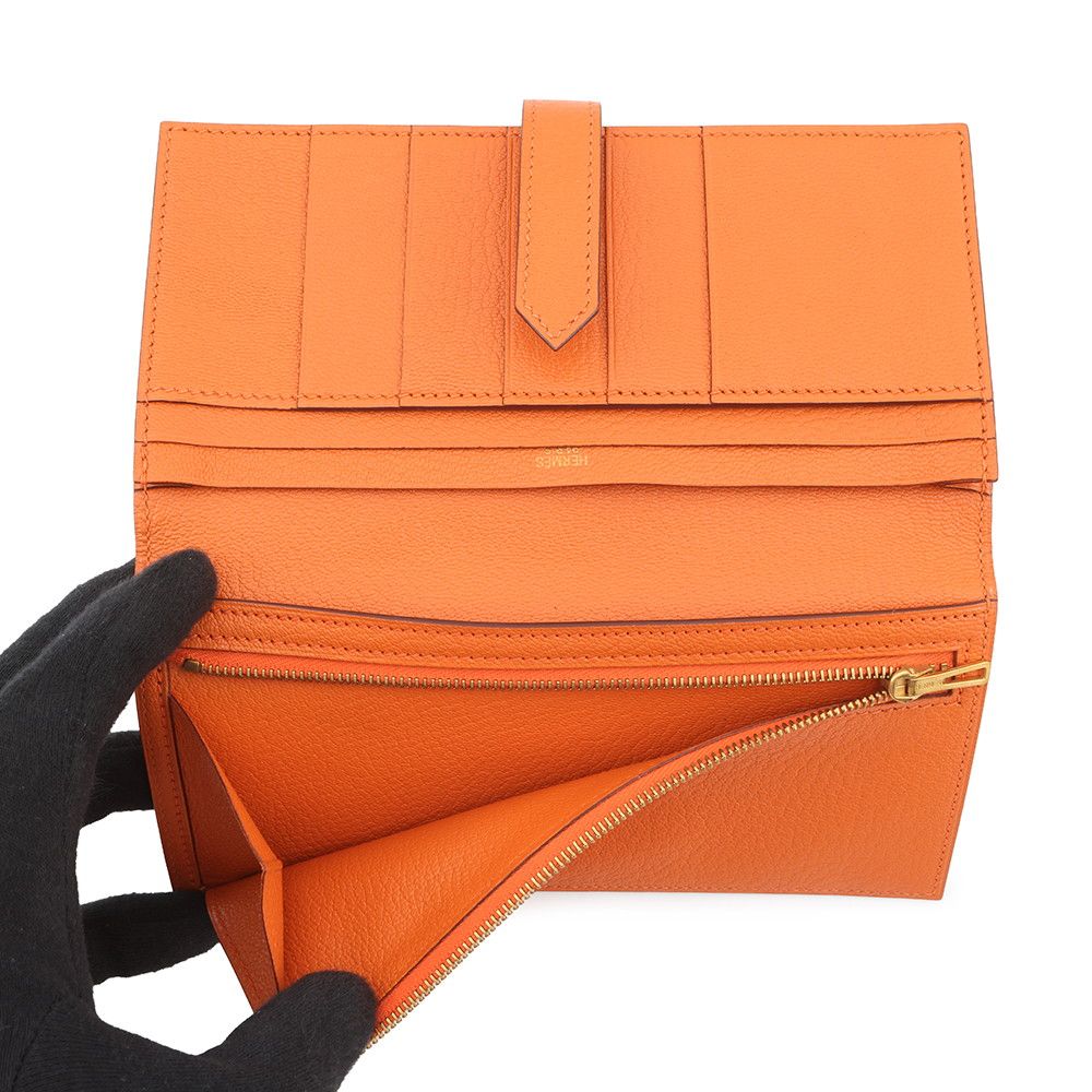 エルメス 長財布 ベアンスフレ オレンジ/ゴールド金具 シェブルミゾル