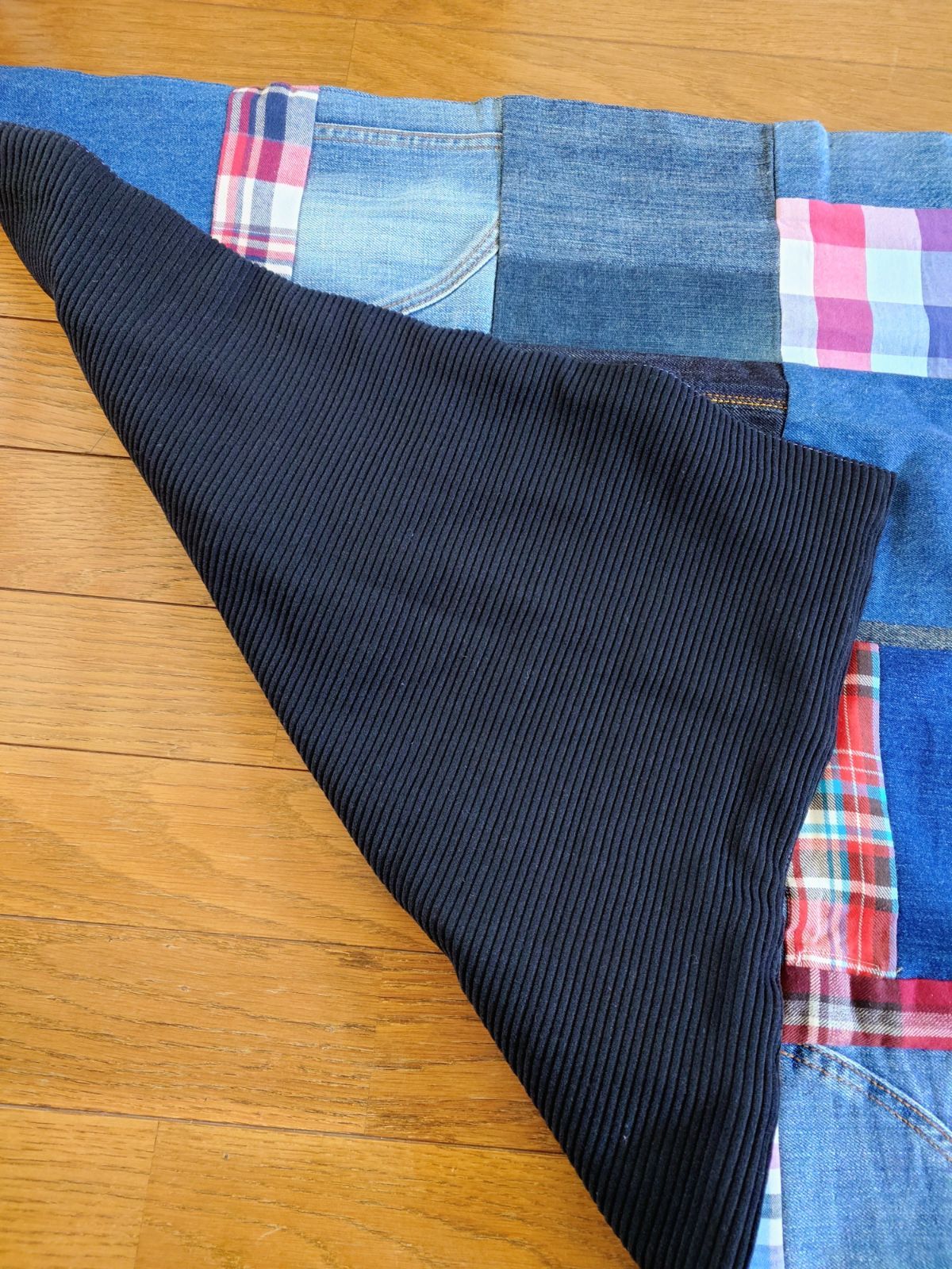 158USEDデニムリメイクマルチカバー65×76センチパッチワークひざ掛け