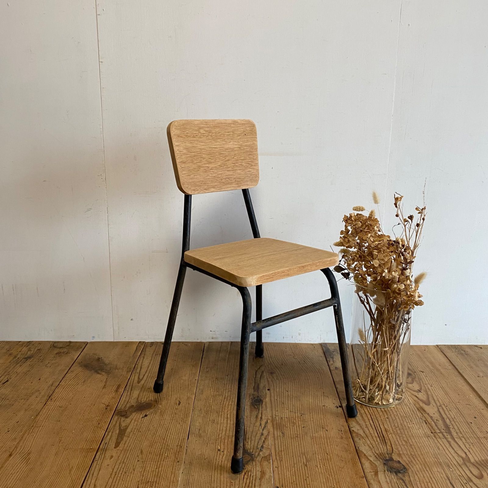 アンティーク 古家具 レトロ 学校椅子 木製×スチールチェア