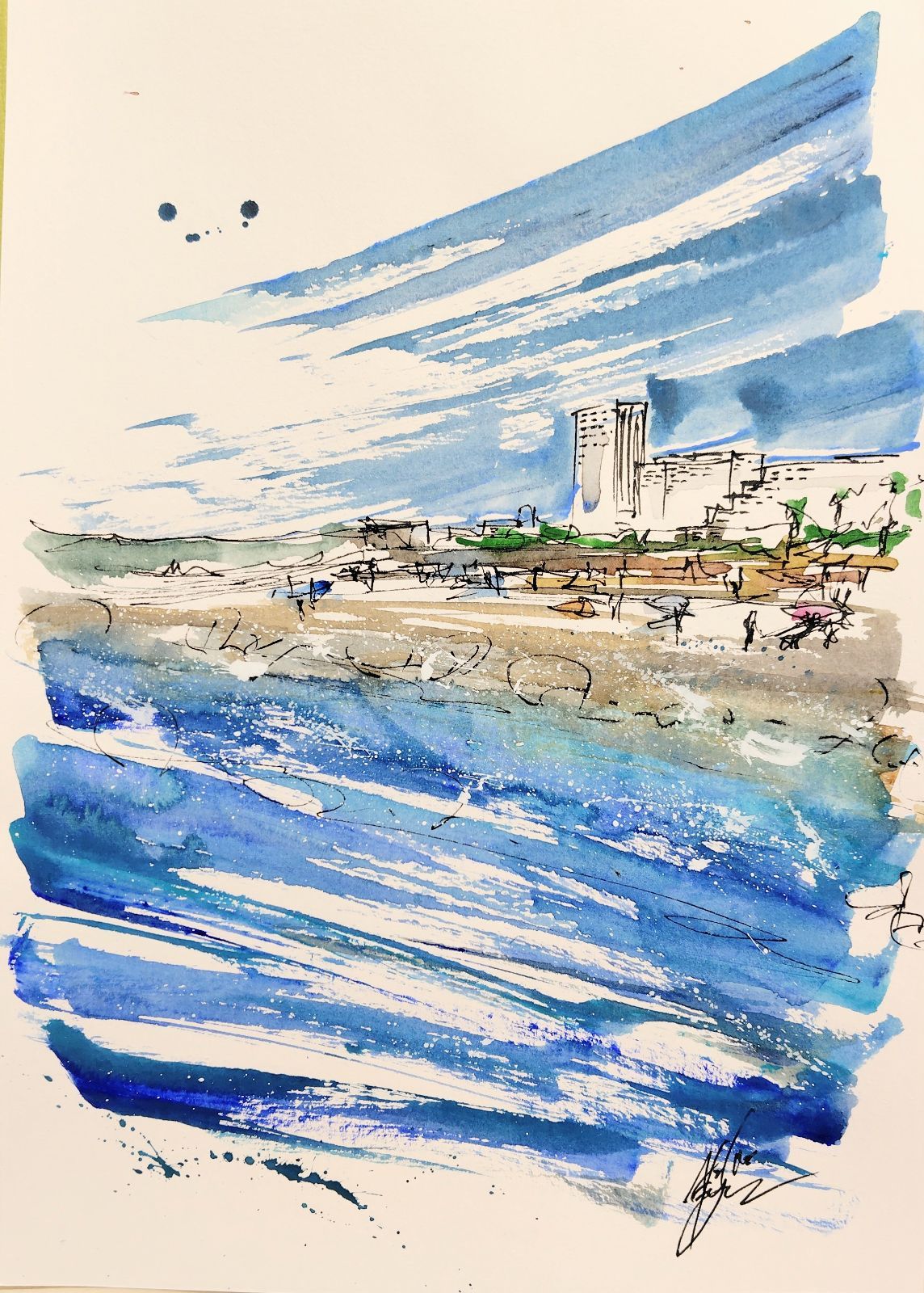 原画#266 サンタモニカ 海 ビーチ 風景画 水彩画 ドローイング