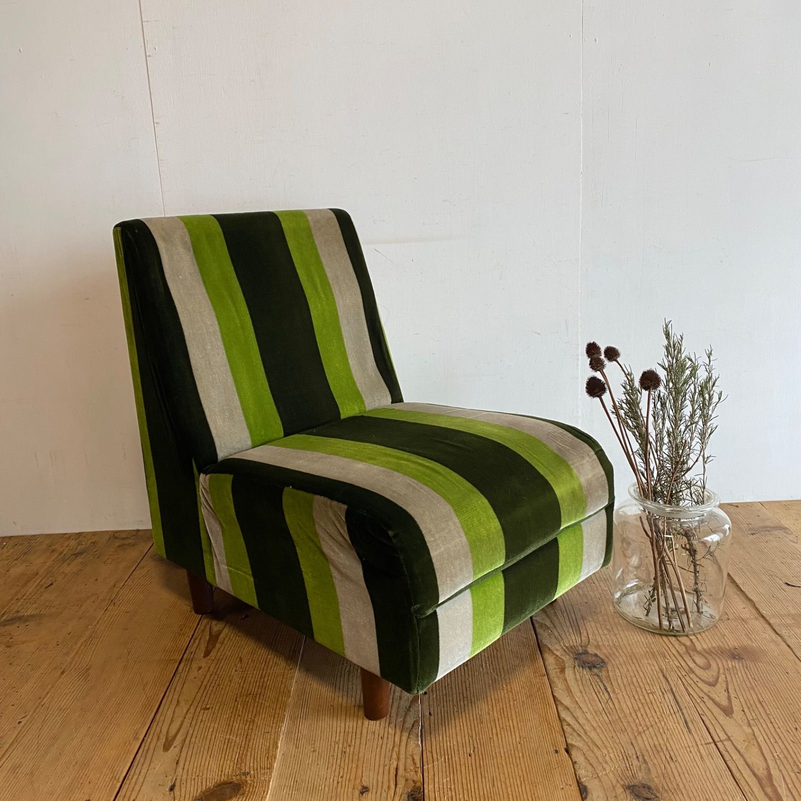 昭和レトロ アンティーク ストライプ3pソファ モケット ファブリック