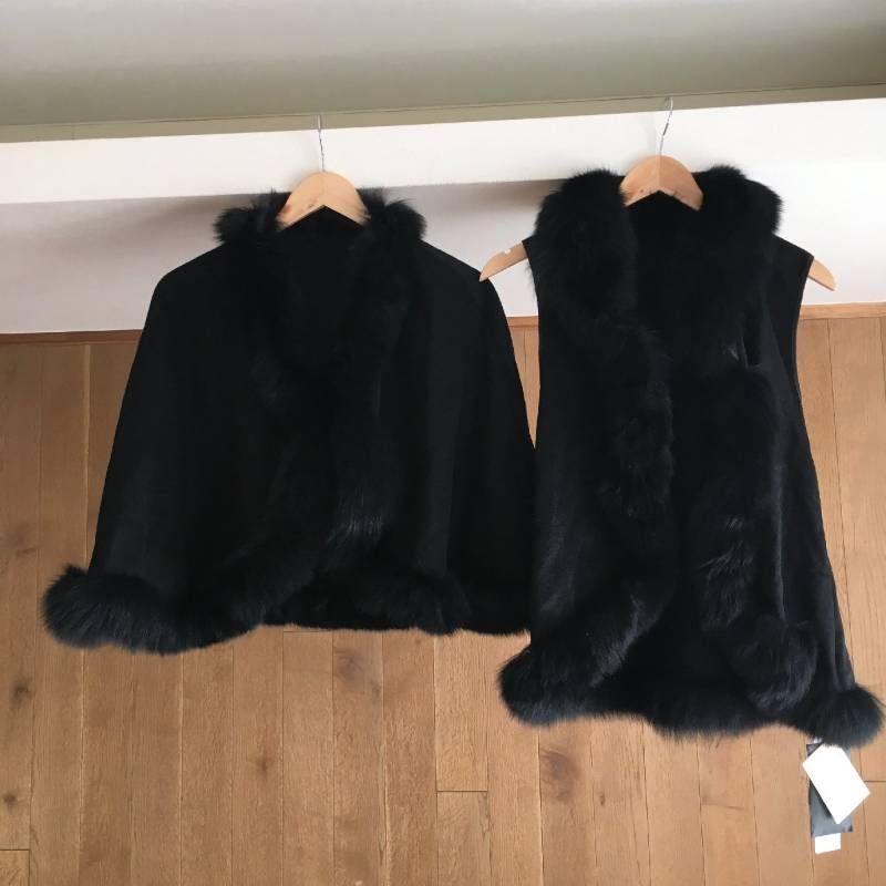 新品 CASHMERE カシミヤ100% ブルーフォックス ファー トリミング