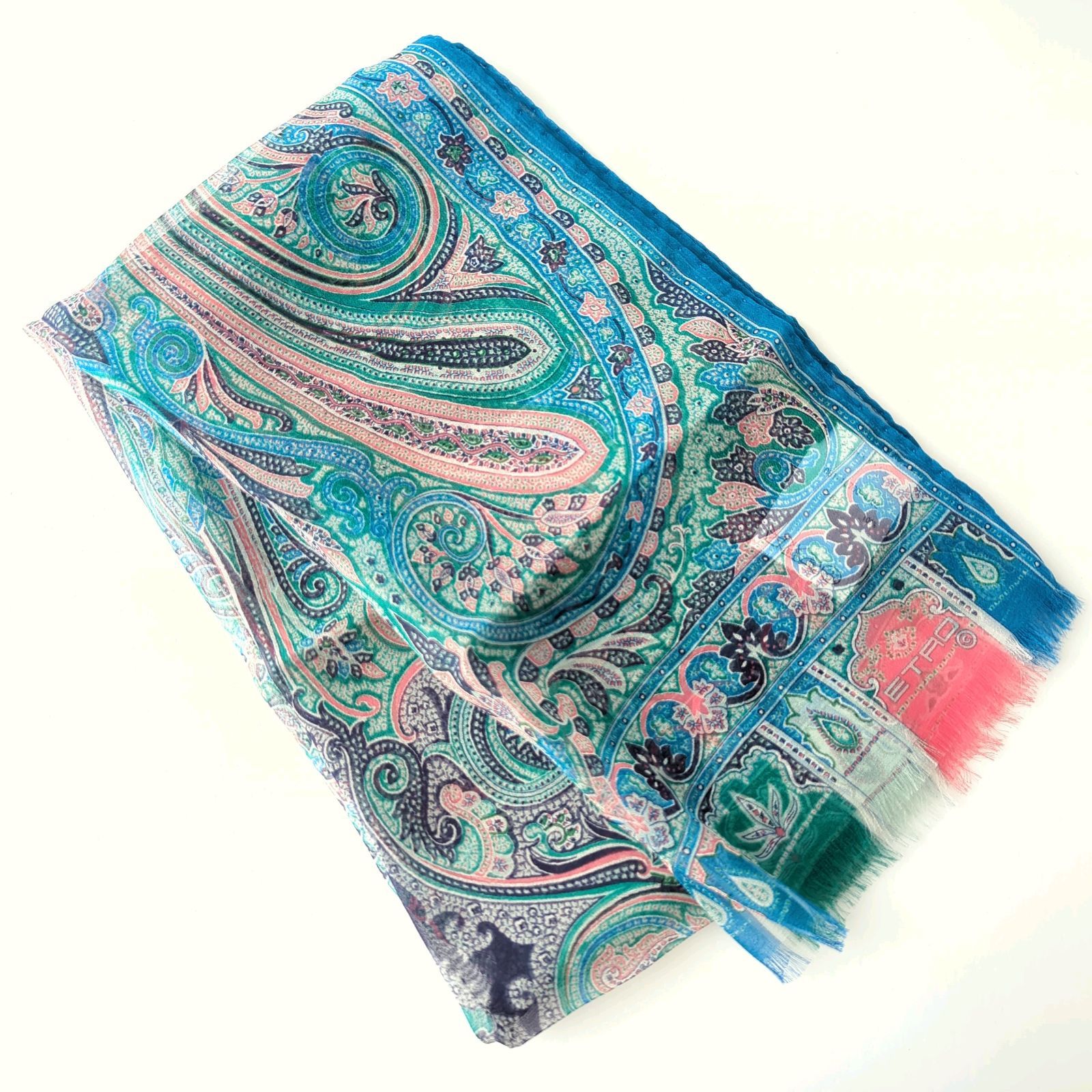 K エトロ ETRO スカーフ シルク 100% ペイズリー 青 ブルー ストール