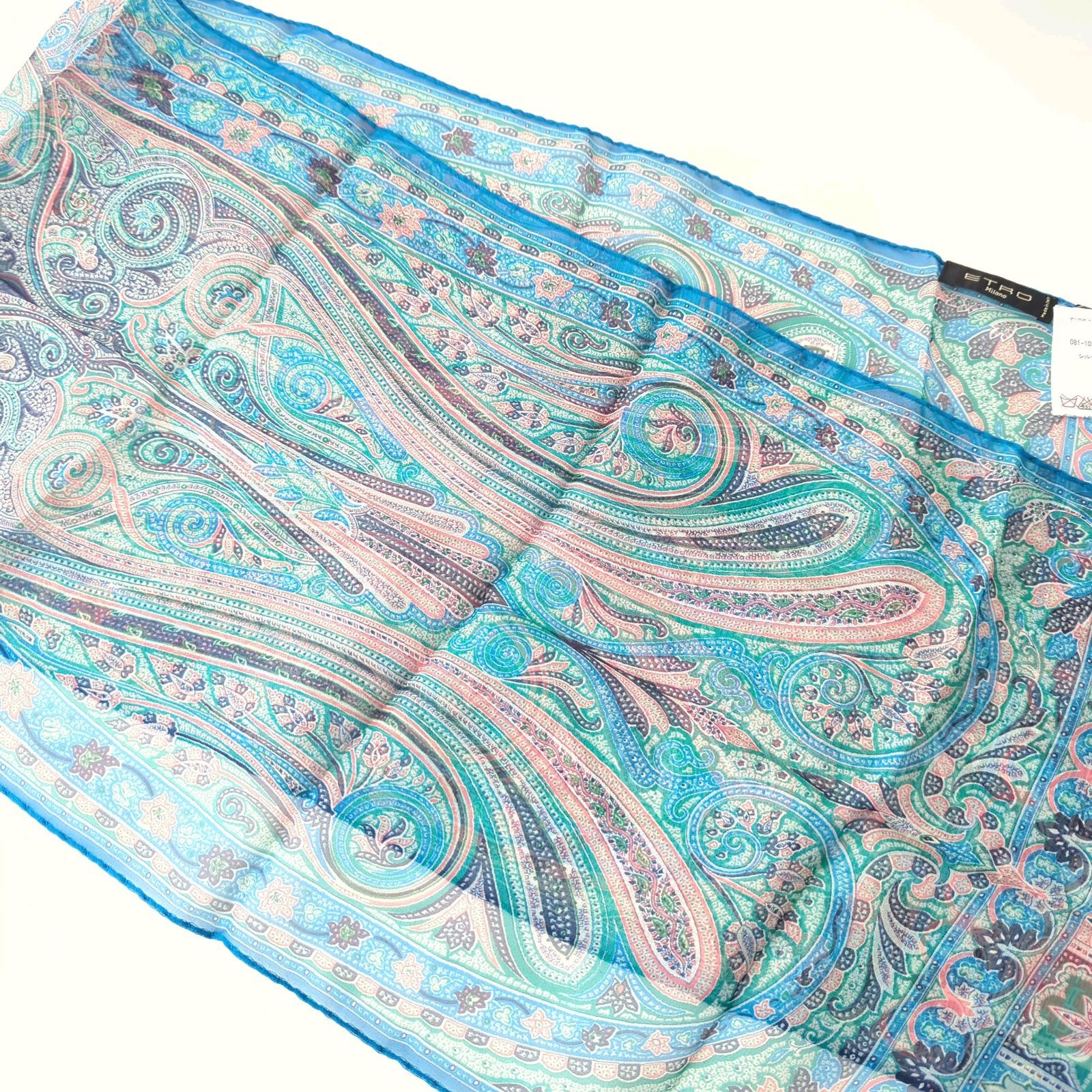 K エトロ ETRO スカーフ シルク 100% ペイズリー 青 ブルー ストール