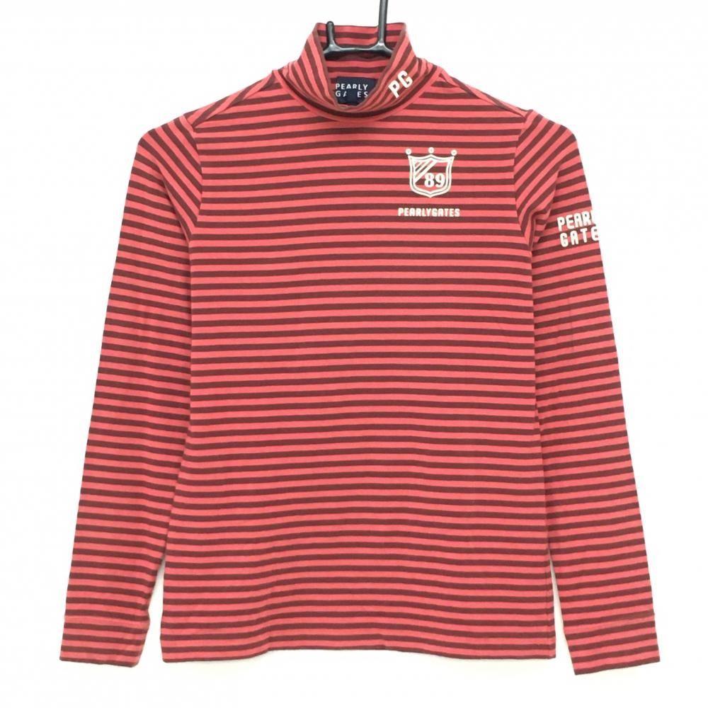 パーリーゲイツ 長袖ハイネックシャツ レッド系×ブラウン ボーダー