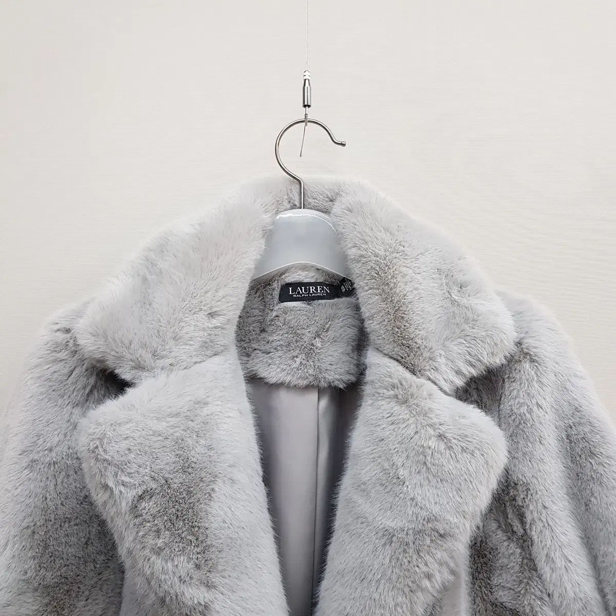 ローレンラルフローレン　ファーカラーコート　チェスターコート　Mサイズ　グレー ローレン ラルフローレン グレー ファー テクスチャー セミ ルーズ