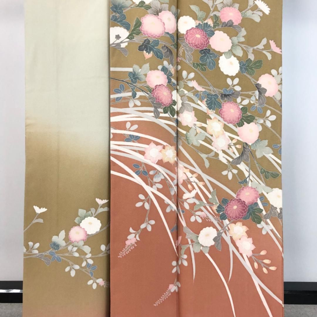 訪問着 作家物 友禅 美しい菊の花模様 楊梅色 縮緬 K-5691 【公式通販】