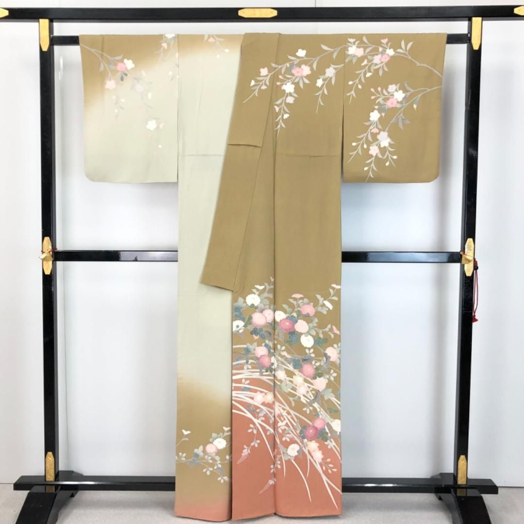 訪問着 作家物 友禅 美しい菊の花模様 楊梅色 縮緬 K-5691 【公式通販】