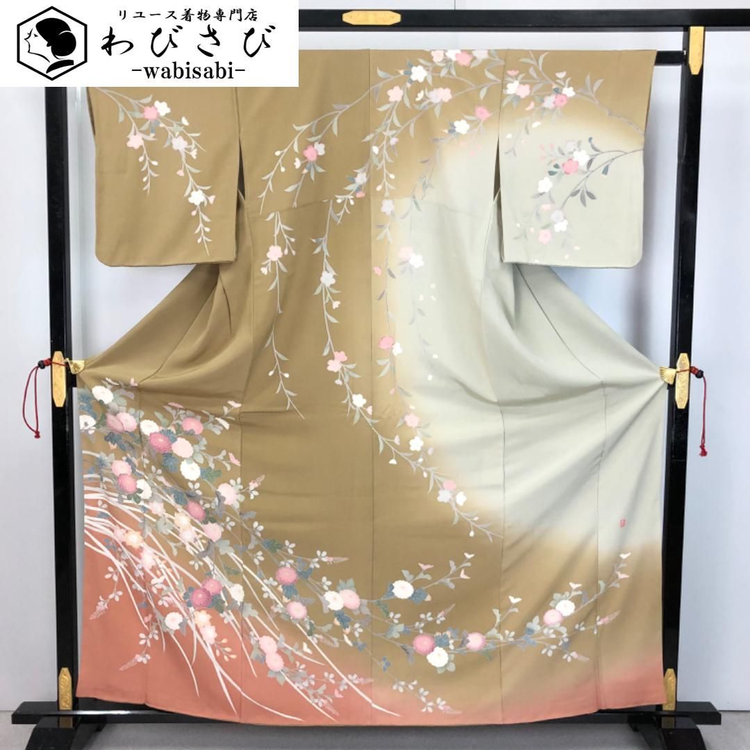 訪問着 作家物 友禅 美しい菊の花模様 楊梅色 縮緬 K-5691 【公式通販】