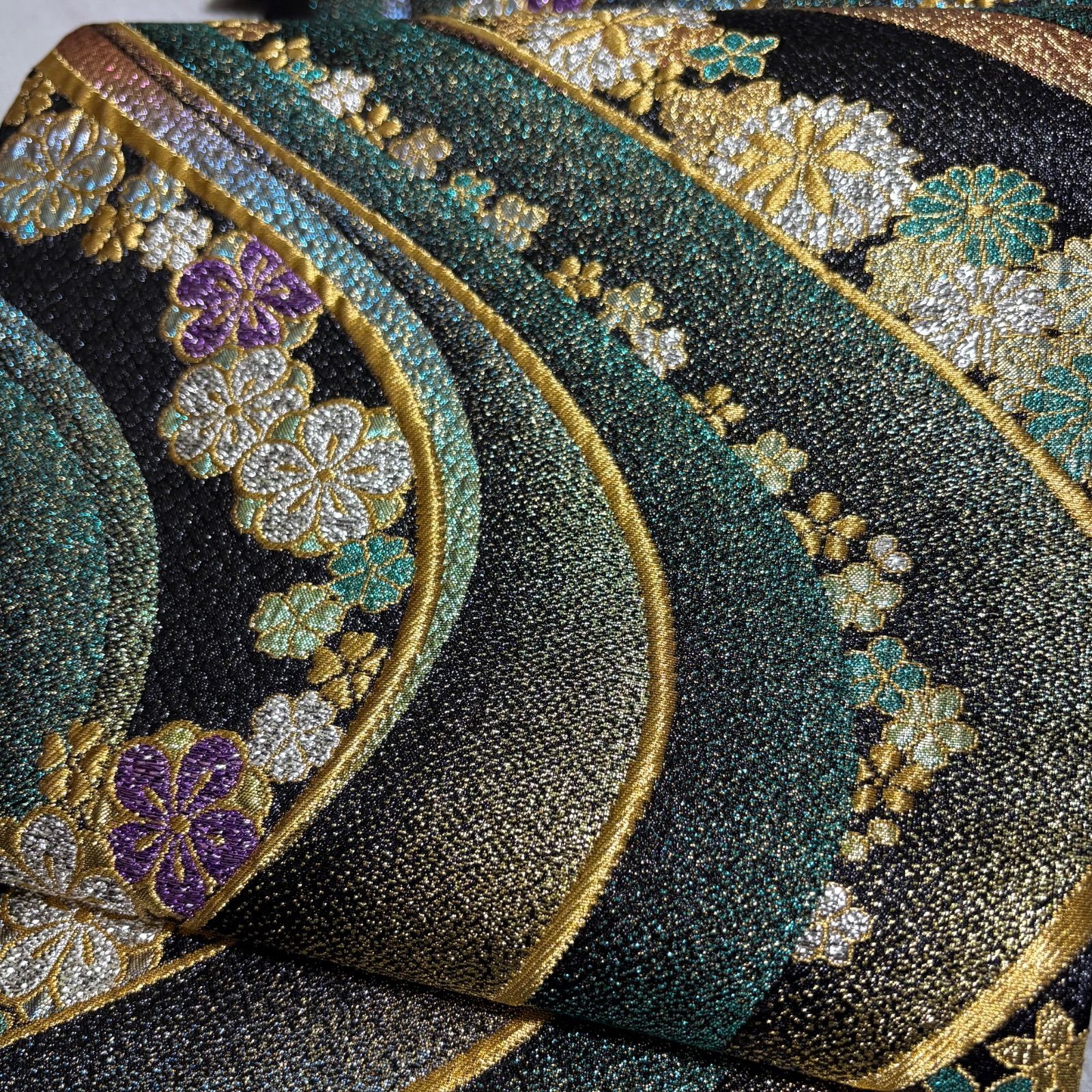 T-362 帯 振袖用袋帯 六通 絹 レディース 織帯 フォーマル 黒×金×緑