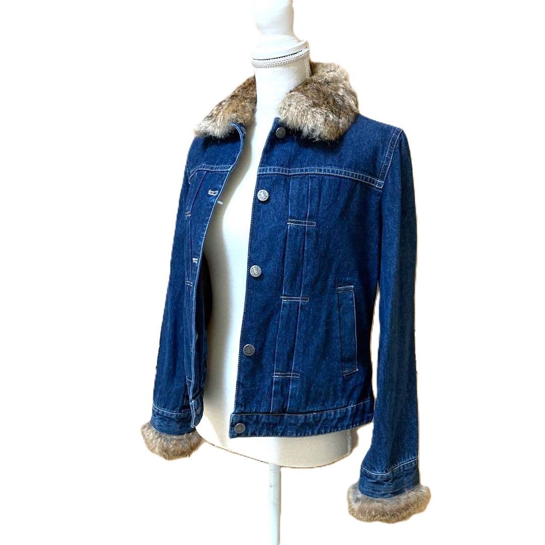 空 KU クウ デニムジャケット インディゴ リアルファー ボア ラビット 新品】LAURA ASHLEY ラビットファー付き デニムジャケット インディゴ