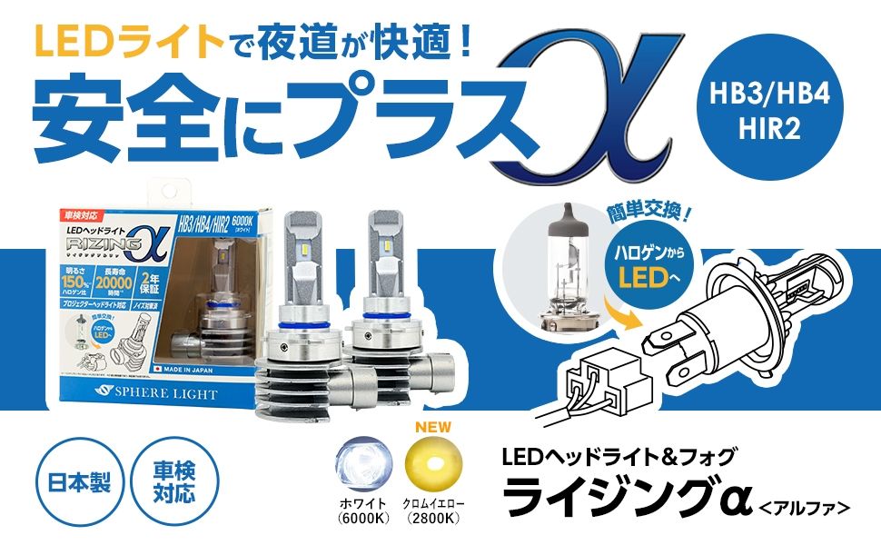 日本製 LEDヘッドライト RIZINGアルファ HB3/HB4/HIR2 6000K SRACHB060