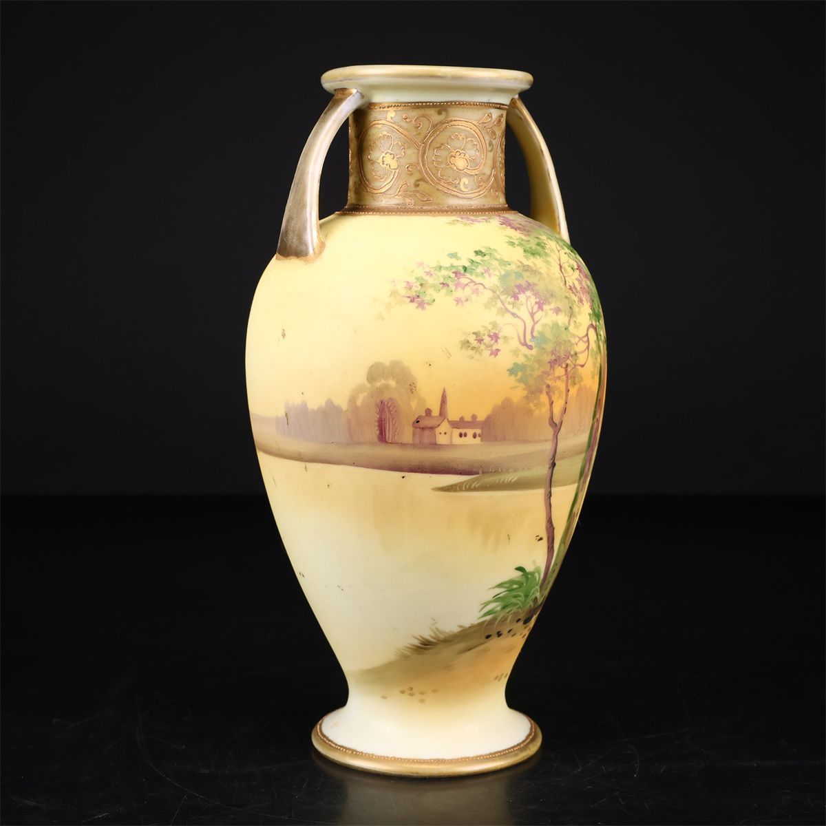 Noritake 【オールドノリタケ】 豪華金彩山水文 双耳 花瓶 高21