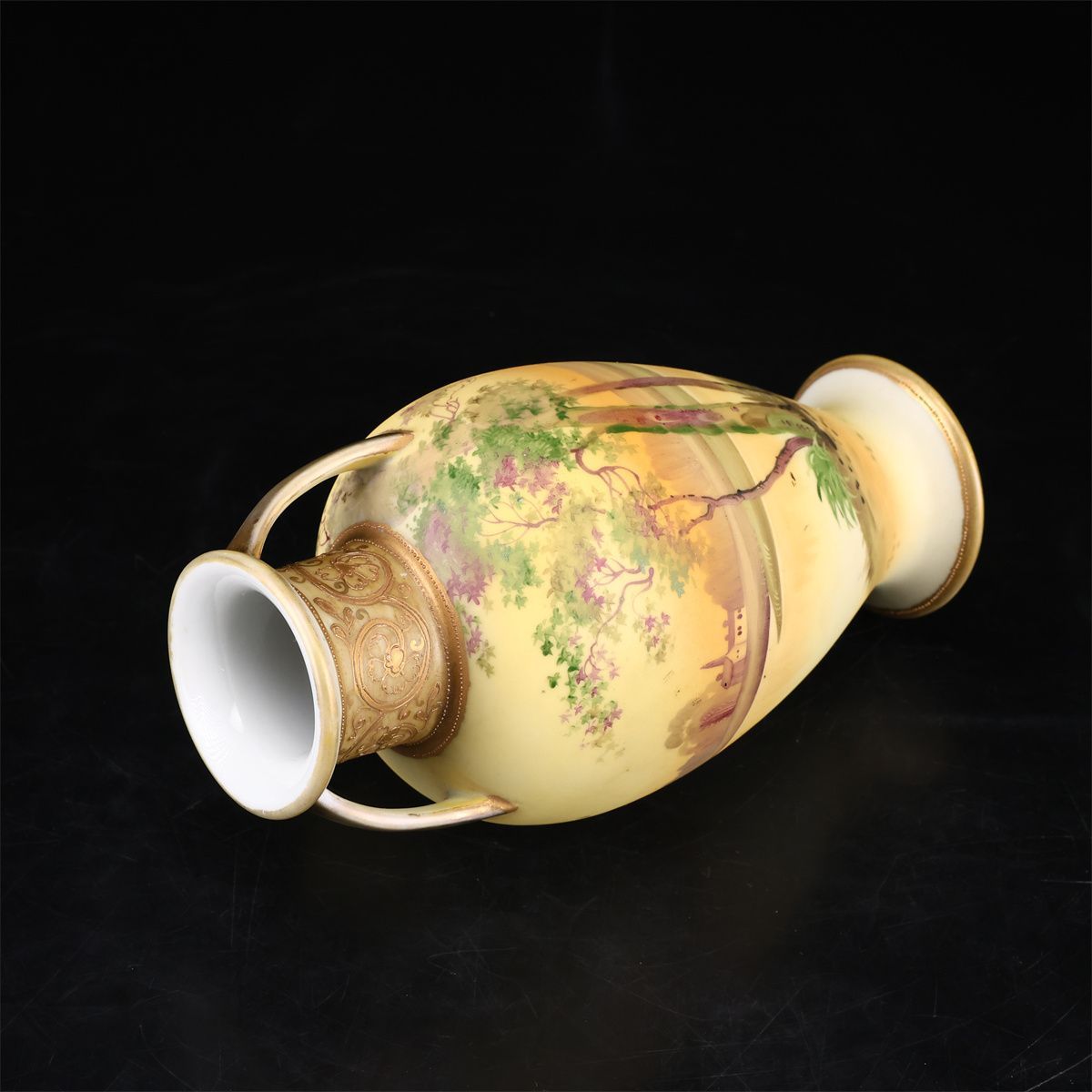 Noritake 【オールドノリタケ】 豪華金彩山水文 双耳 花瓶 高21