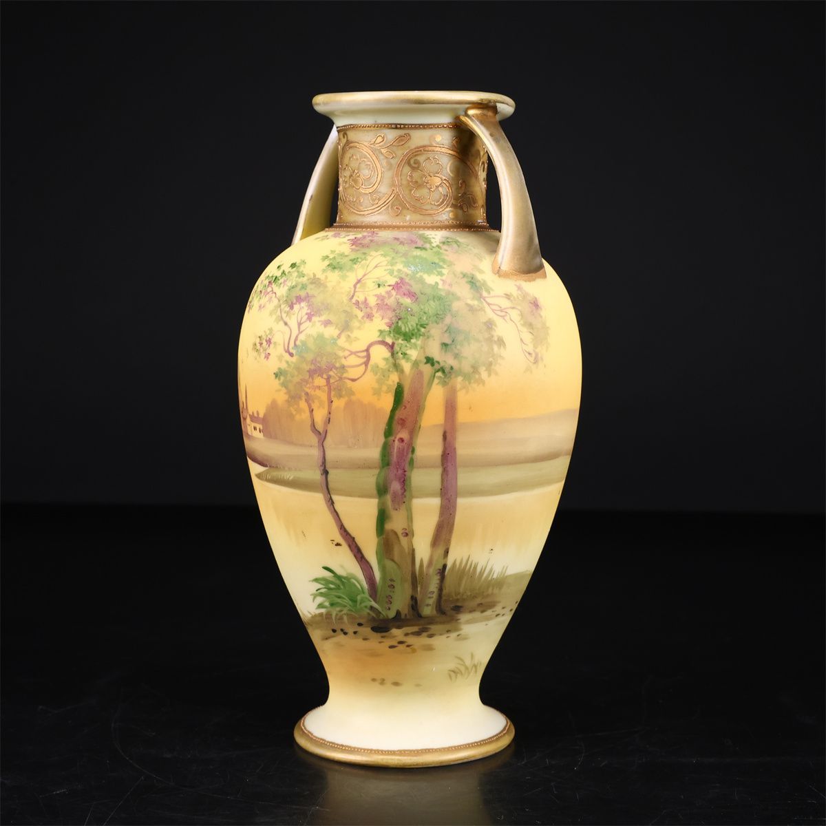 Noritake 【オールドノリタケ】 豪華金彩山水文 双耳 花瓶 高21