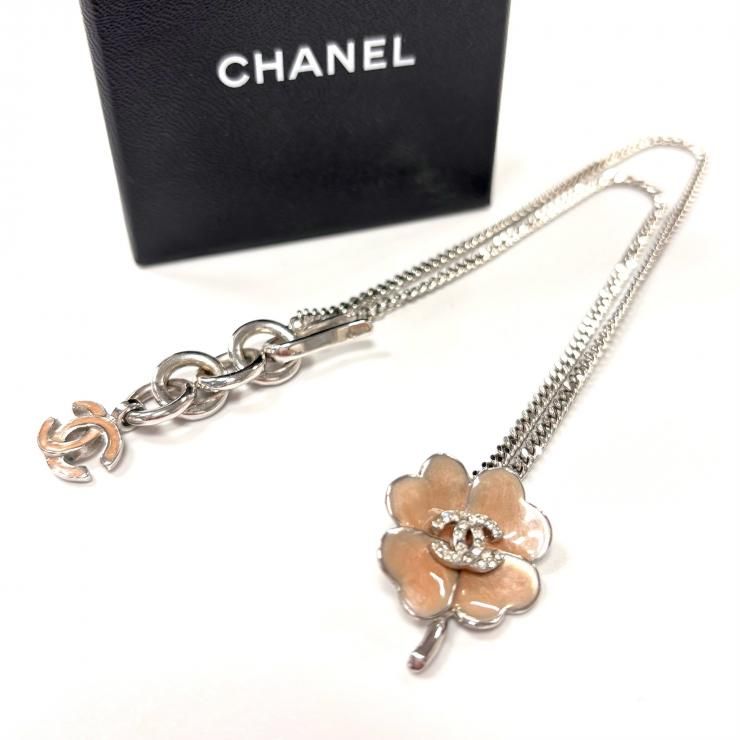 CHANEL ココマーク クローバー ラインストーン ネックレス ピンク 