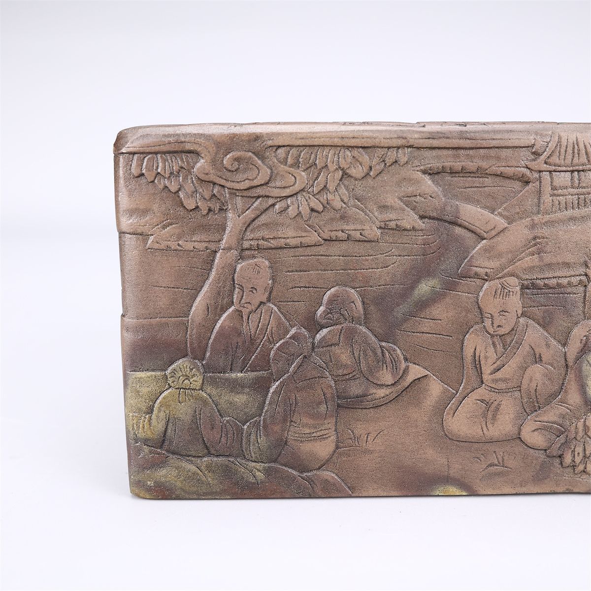 唐物 【清代】 然端渓石製 書道具 端渓硯 山水人物紋硯 高5㎝ 幅10×6.5