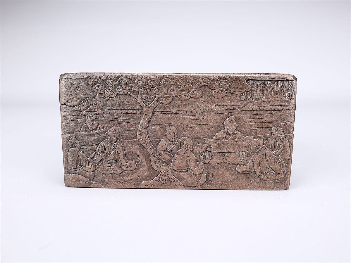 唐物 【清代】 然端渓石製 書道具 端渓硯 山水人物紋硯 高5㎝ 幅10×6.5