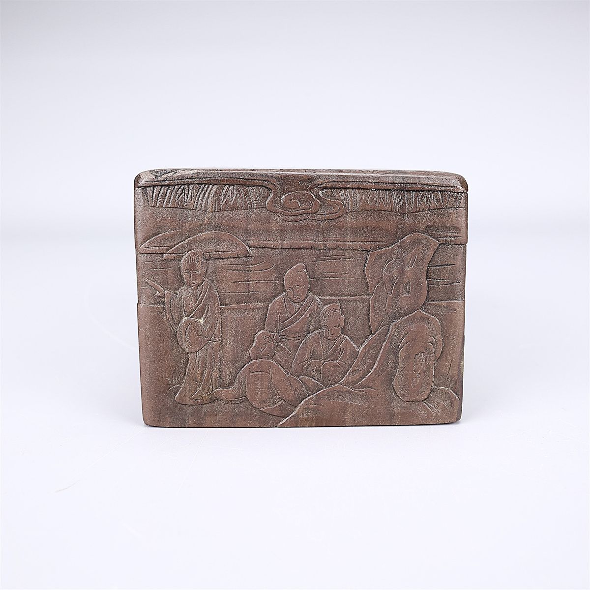 唐物 【清代】 然端渓石製 書道具 端渓硯 山水人物紋硯 高5㎝ 幅10×6.5