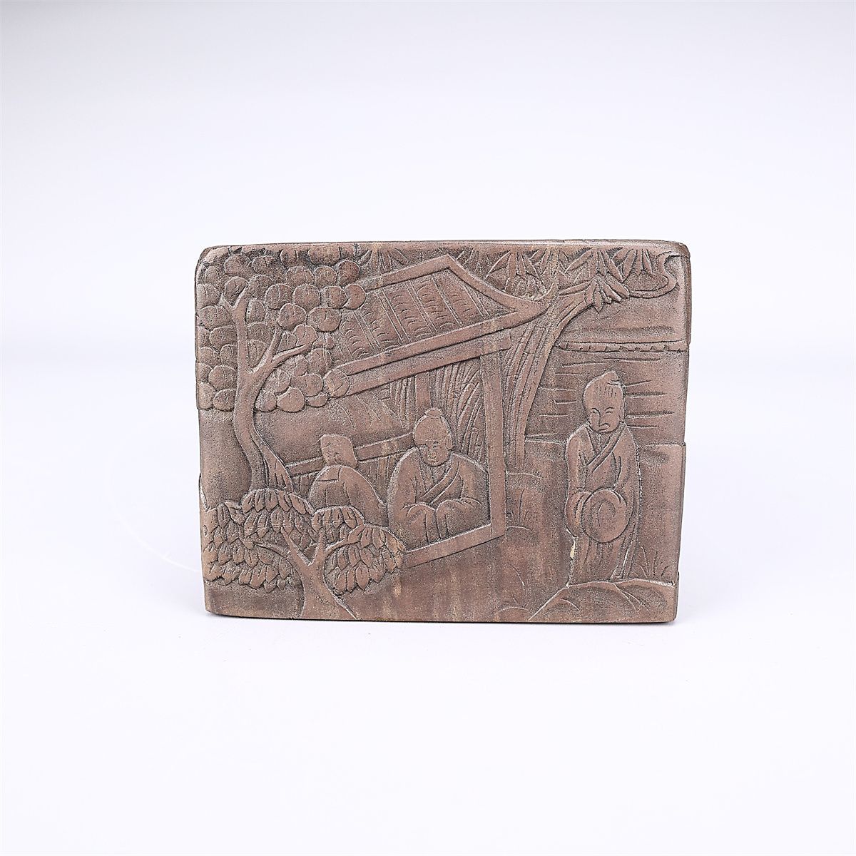 唐物 【清代】 然端渓石製 書道具 端渓硯 山水人物紋硯 高5㎝ 幅10×6.5