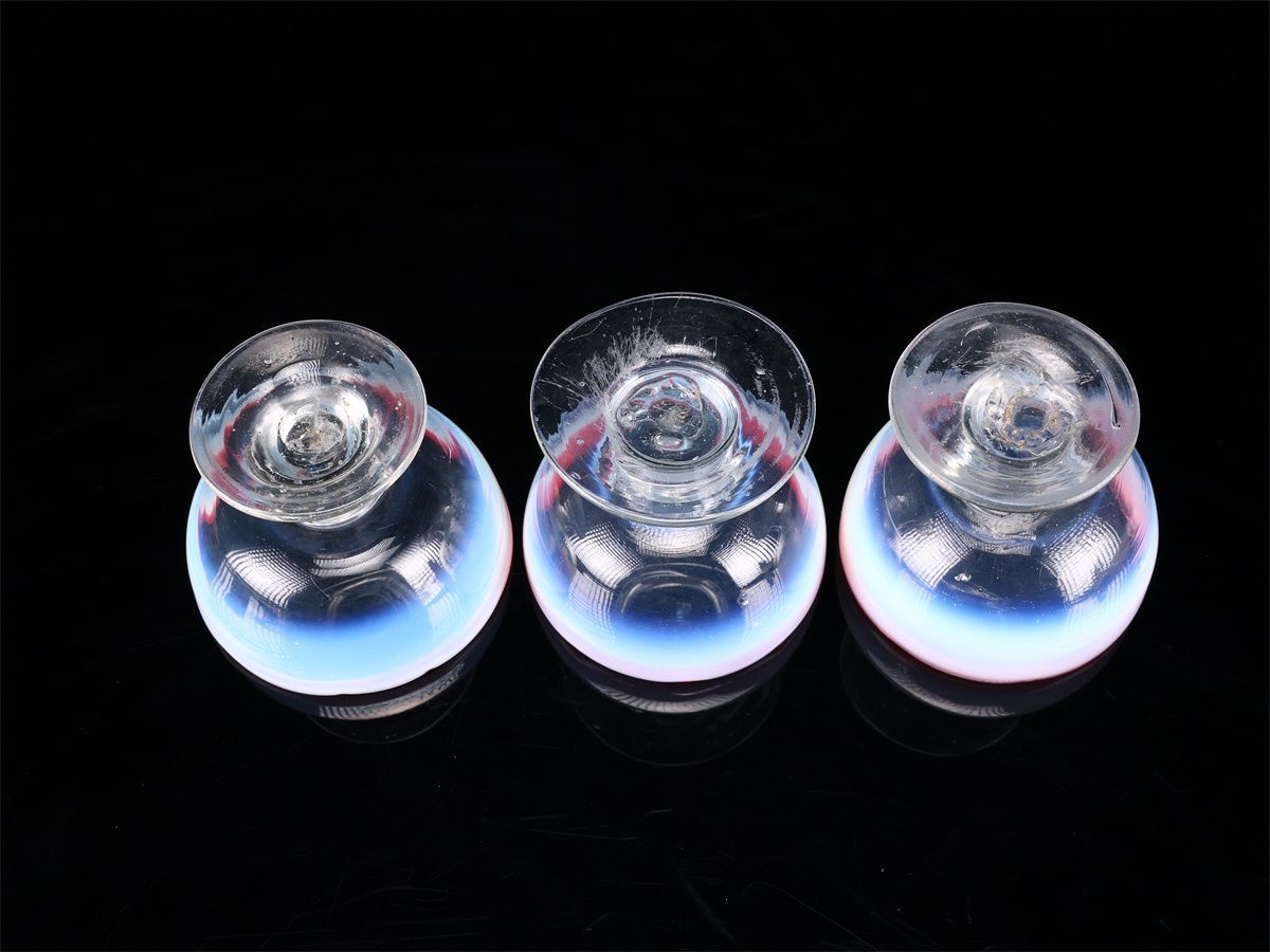 明治大正期 【ウランガラス】 乳白赤縁輪花 氷コップ 3点セット／本物