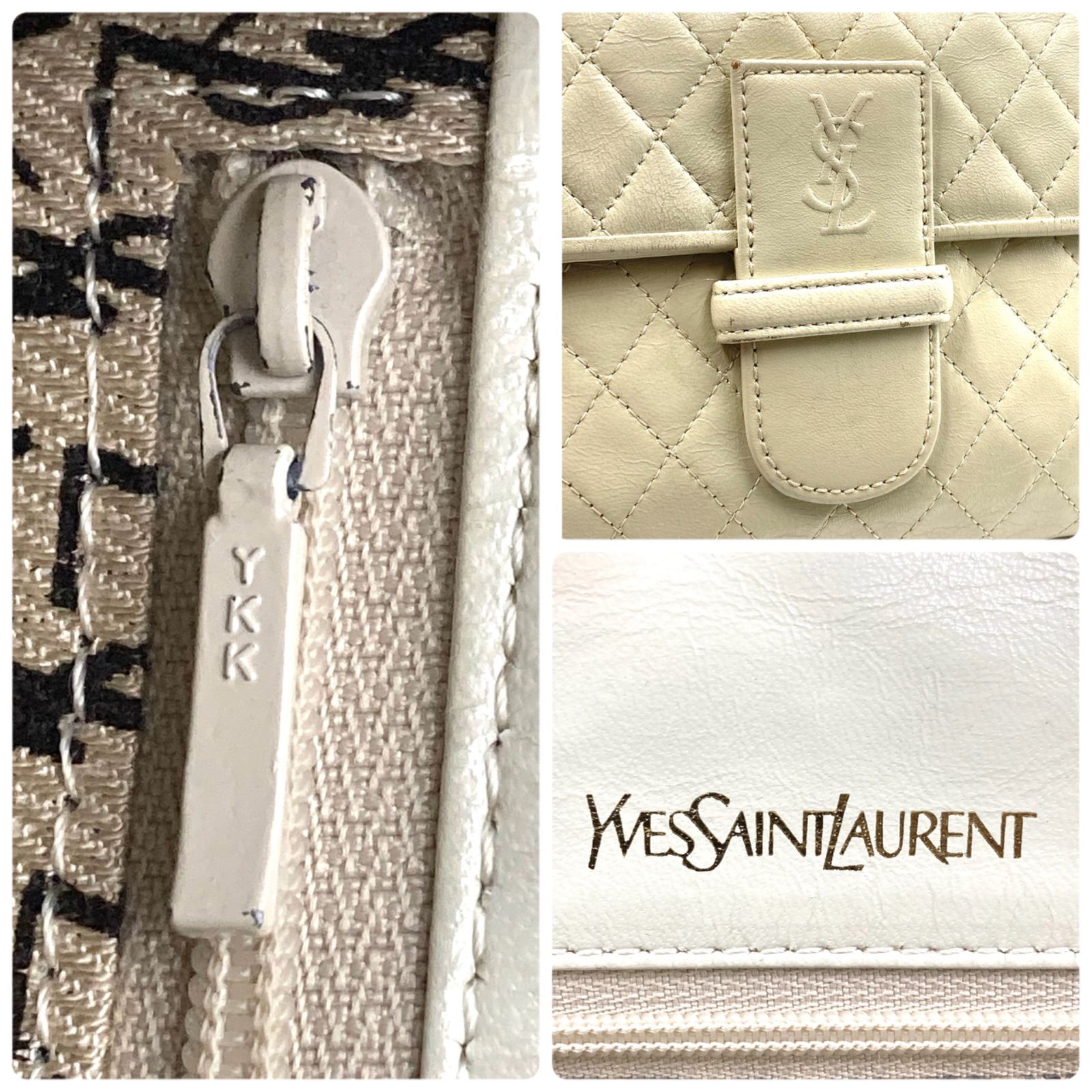YSL ホワイト キルティング クラッチバッグ □良品□Yves saint Laurent イヴサンローラン YSLロゴエンボス