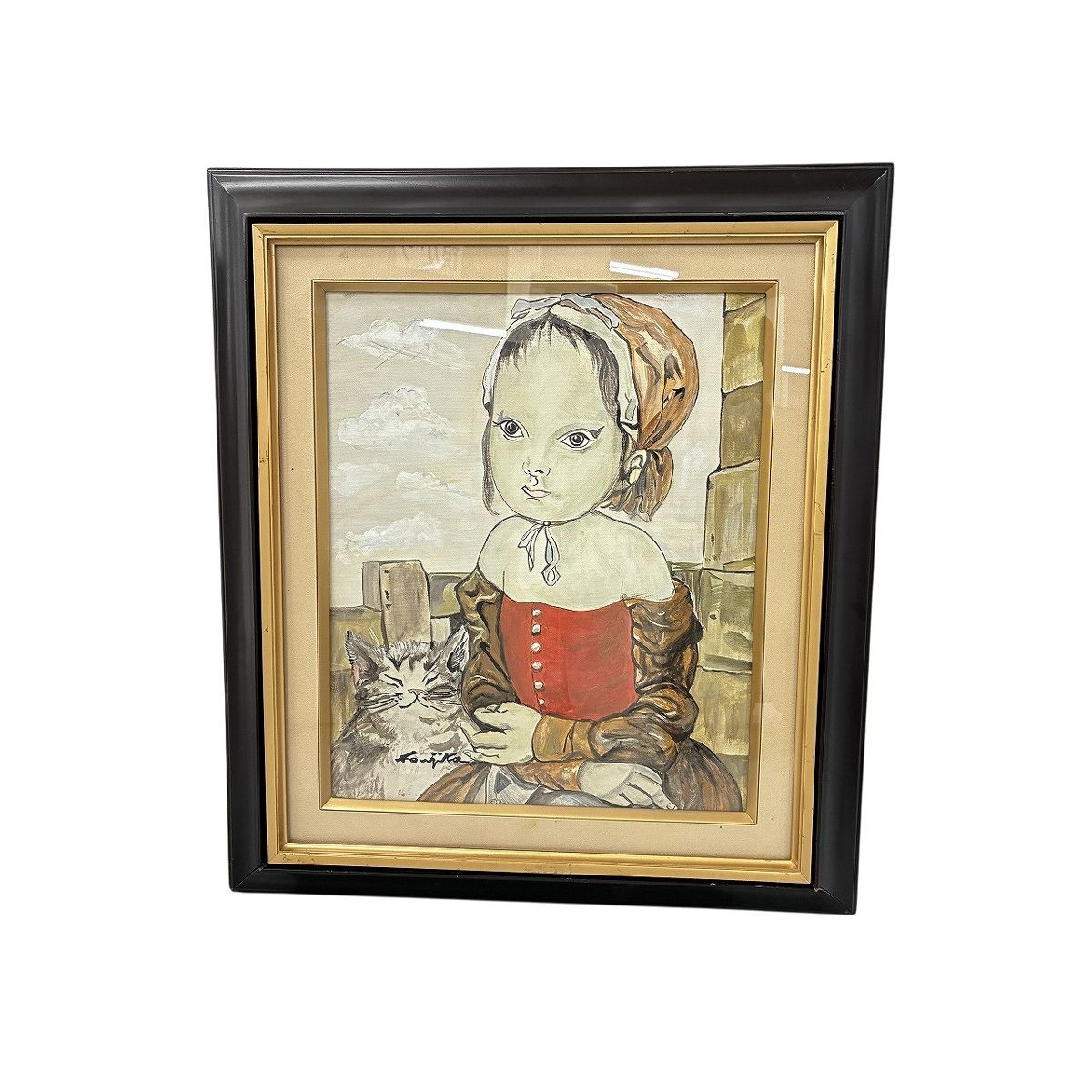 藤田嗣治 猫と少女 東郷青児鑑定 油彩画 キャンバス F6サイズ