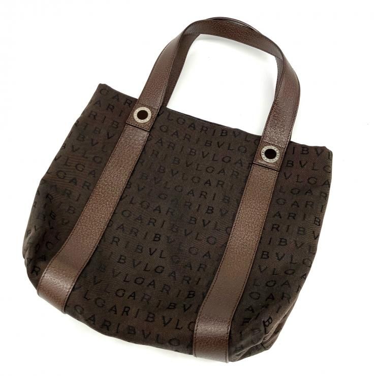 BVLGARI ロゴマニア キャンバス レザー トートバッグ ハンドバッグ