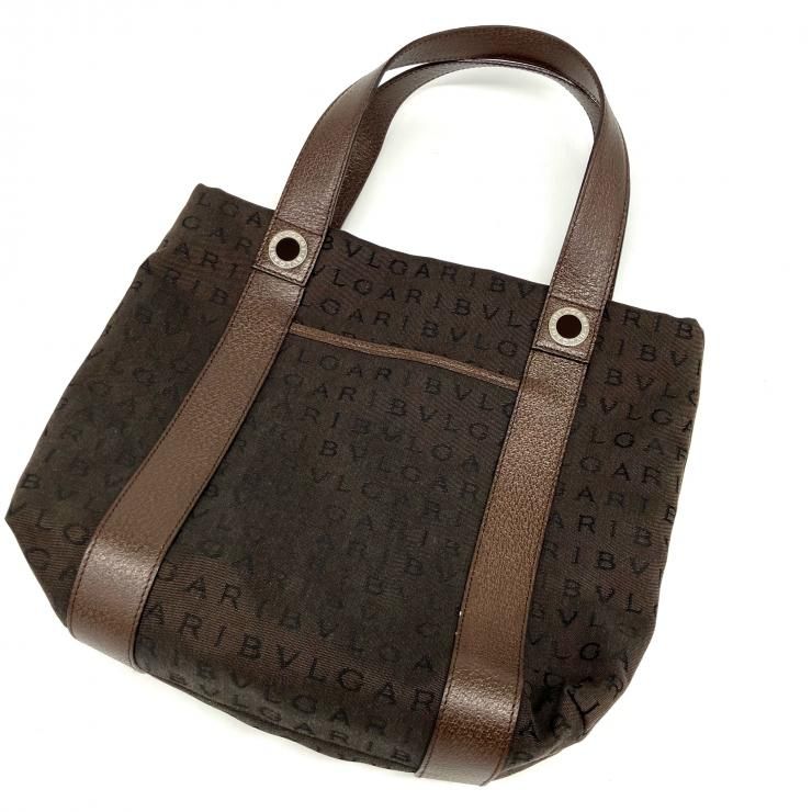 BVLGARI ロゴマニア キャンバス レザー トートバッグ ハンドバッグ 