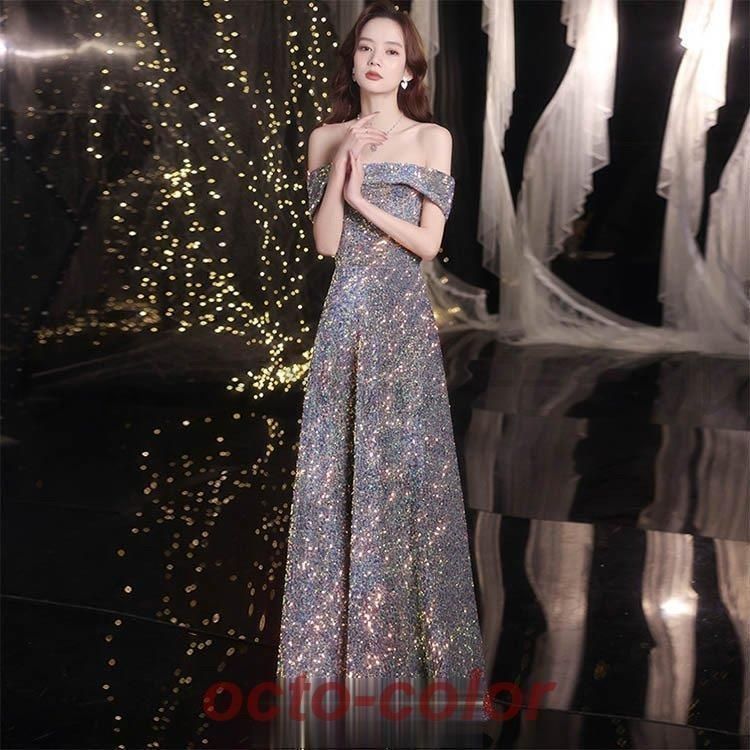 新品?未使用】 イブニングドレス スパンコール フレア 半袖 オフ