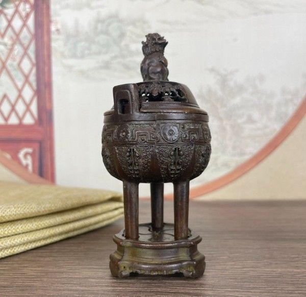 双獅耳竹細工蓋薫香炉 铜香炉 茶道置物 双獅耳竹細工蓋薫香炉 ?香炉 茶道置物