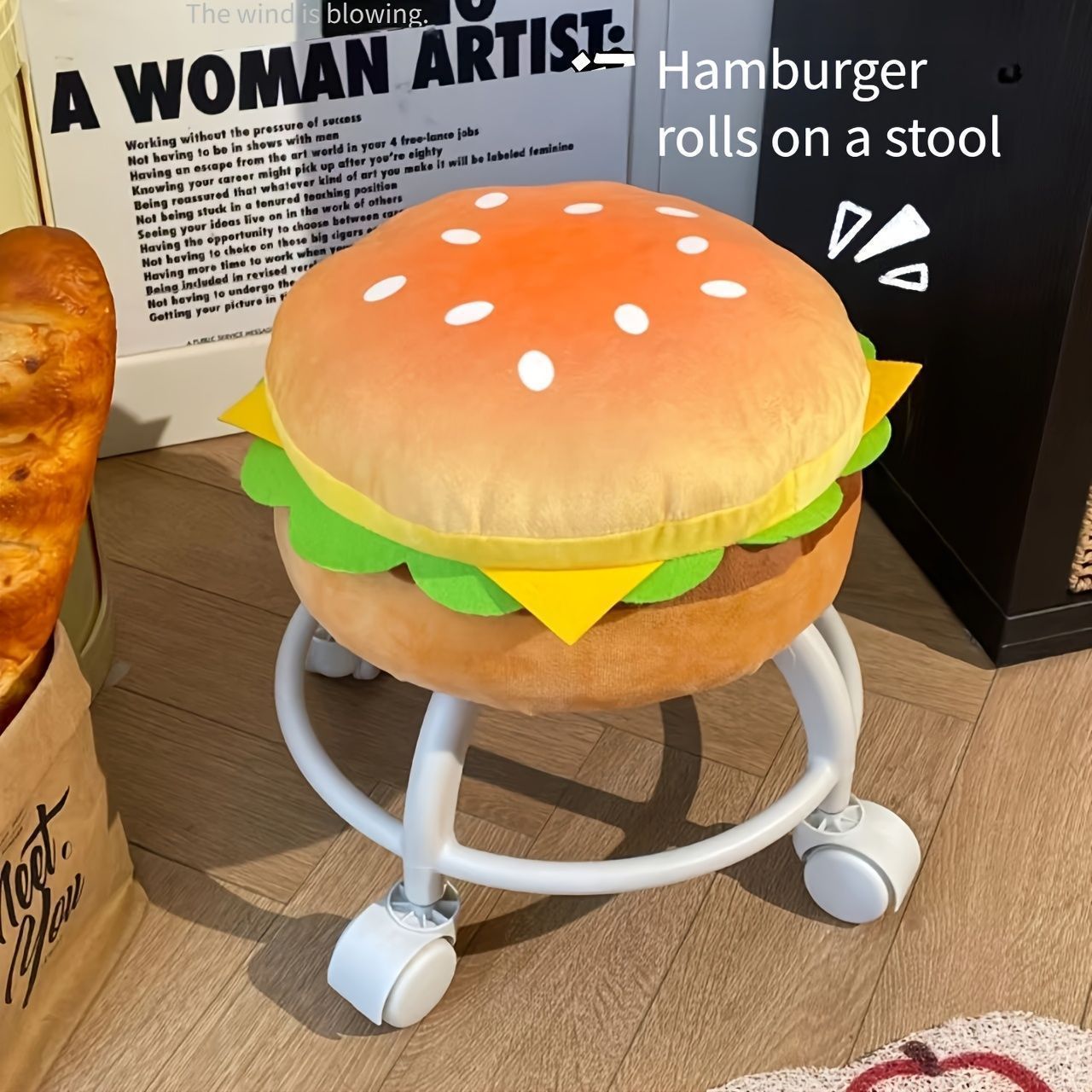 かわいいハンバーガー型プラスチック製スツール｜ホイール付きの小さな