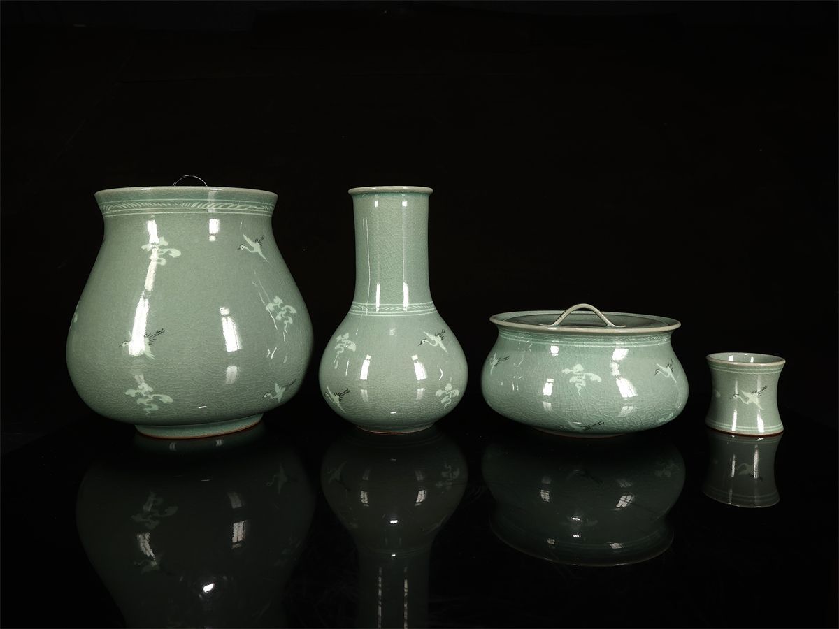 韓国人間国宝 【柳海剛】 青磁 皆具 茶器セット 4点／共箱付 未使用 美