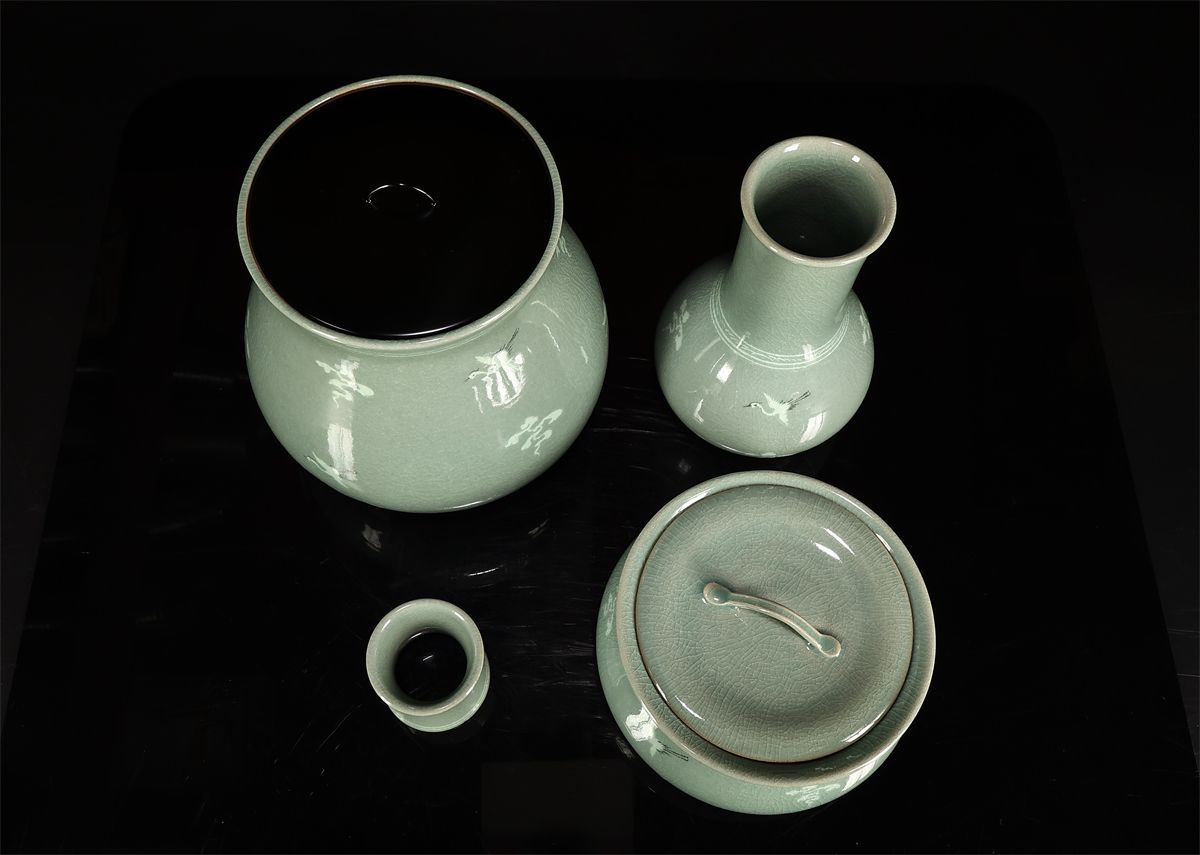 韓国人間国宝 【柳海剛】 青磁 皆具 茶器セット 4点／共箱付 未使用 美