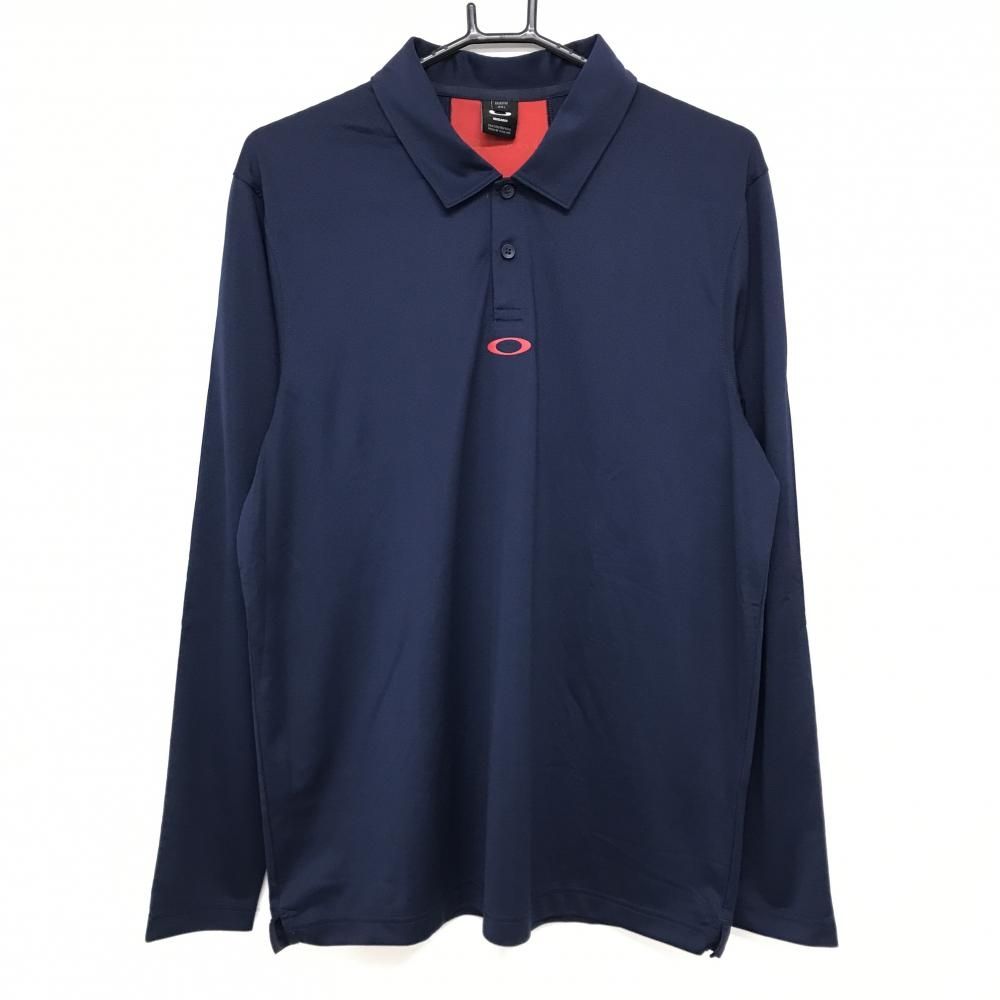 【美品】オークリー 長袖ポロシャツ ネイビー ロゴレッド メンズ L ゴルフウェア Oakley