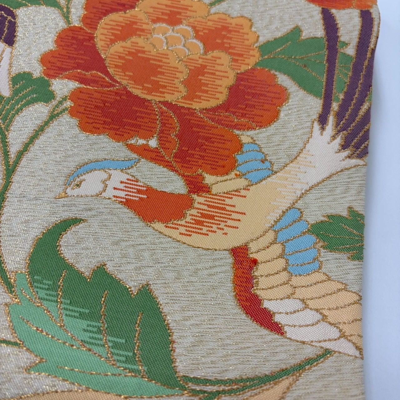 名古屋帯 華喰い鳥 花唐草 上品な織り出し 九寸 正絹 着物 MA-3292